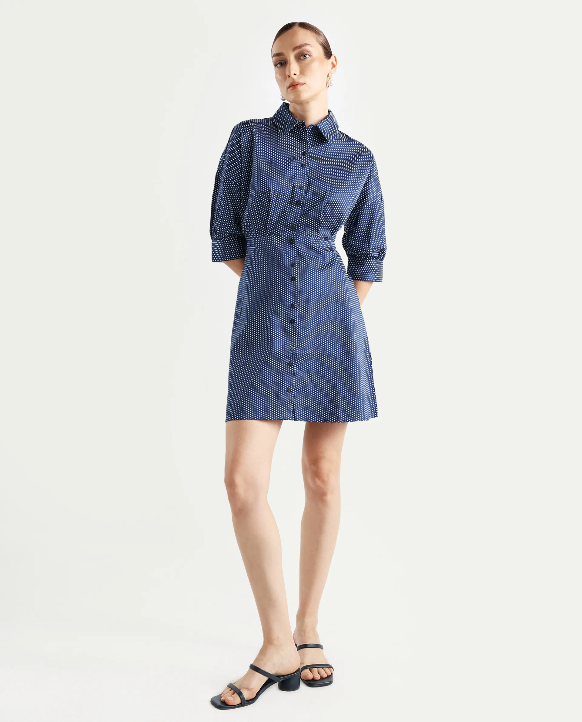 Rareism Women's Aiday Dark Drop Collar Polka Print Cuffed Sleeve Mini Regular Fit Dress - Image 5