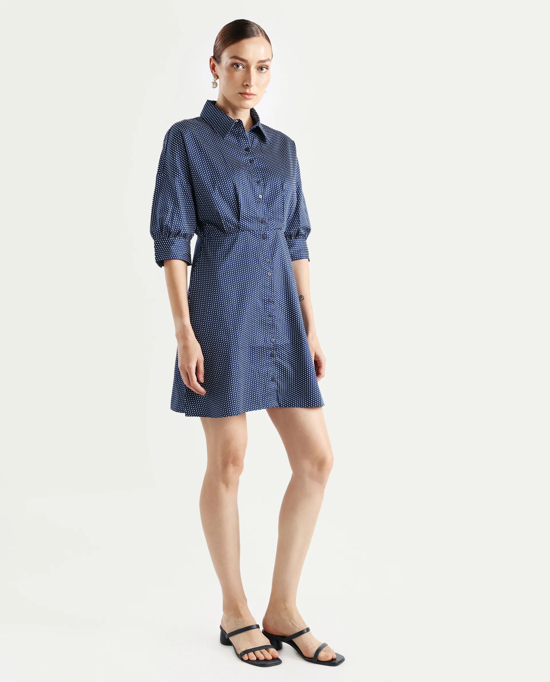 Rareism Women's Aiday Dark Drop Collar Polka Print Cuffed Sleeve Mini Regular Fit Dress - Image 6