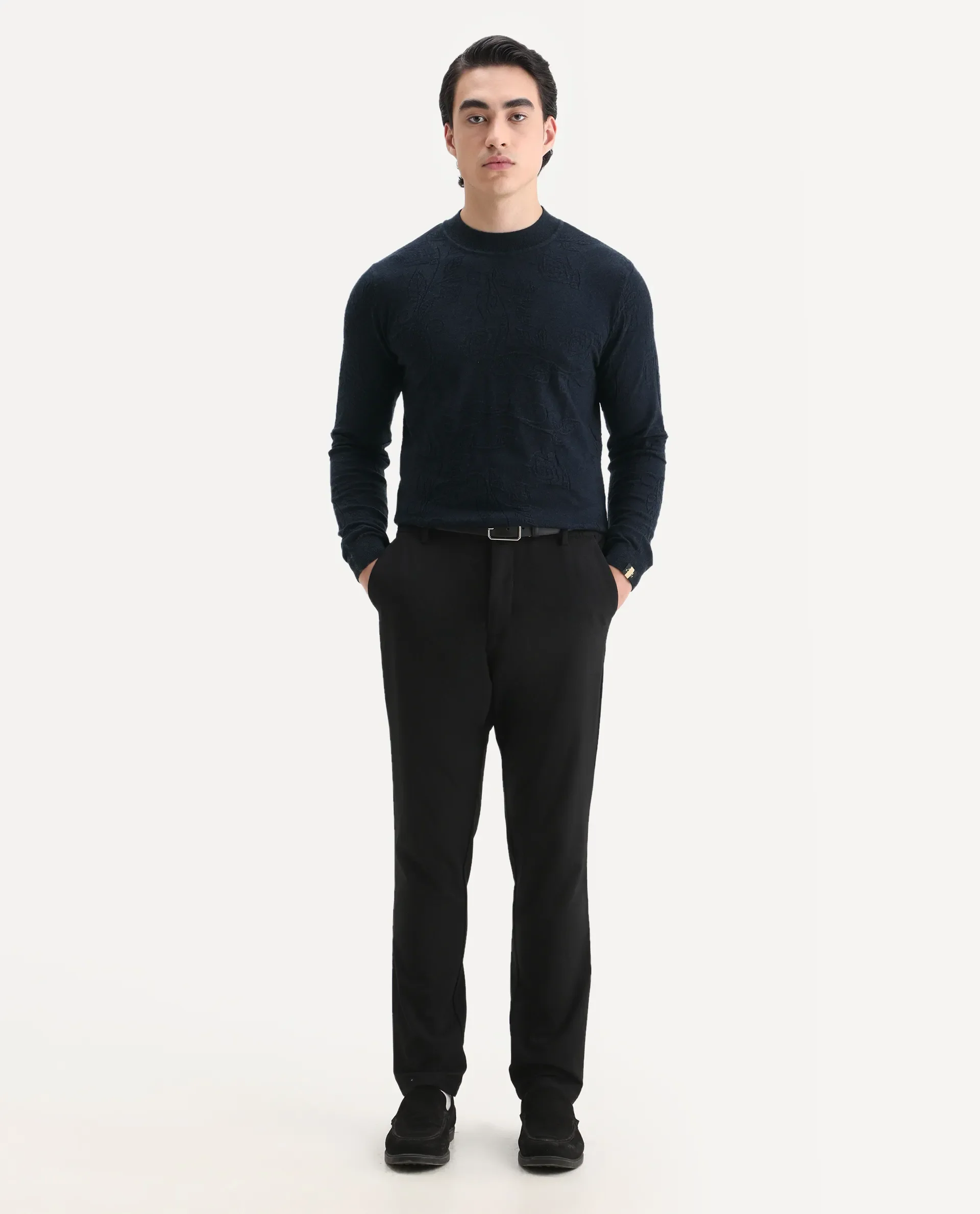 Rare Rabbit Men's Aiden Navy Viscose Jacquard Regular Fit Full Sleeve High Neck Sweater - Image 2