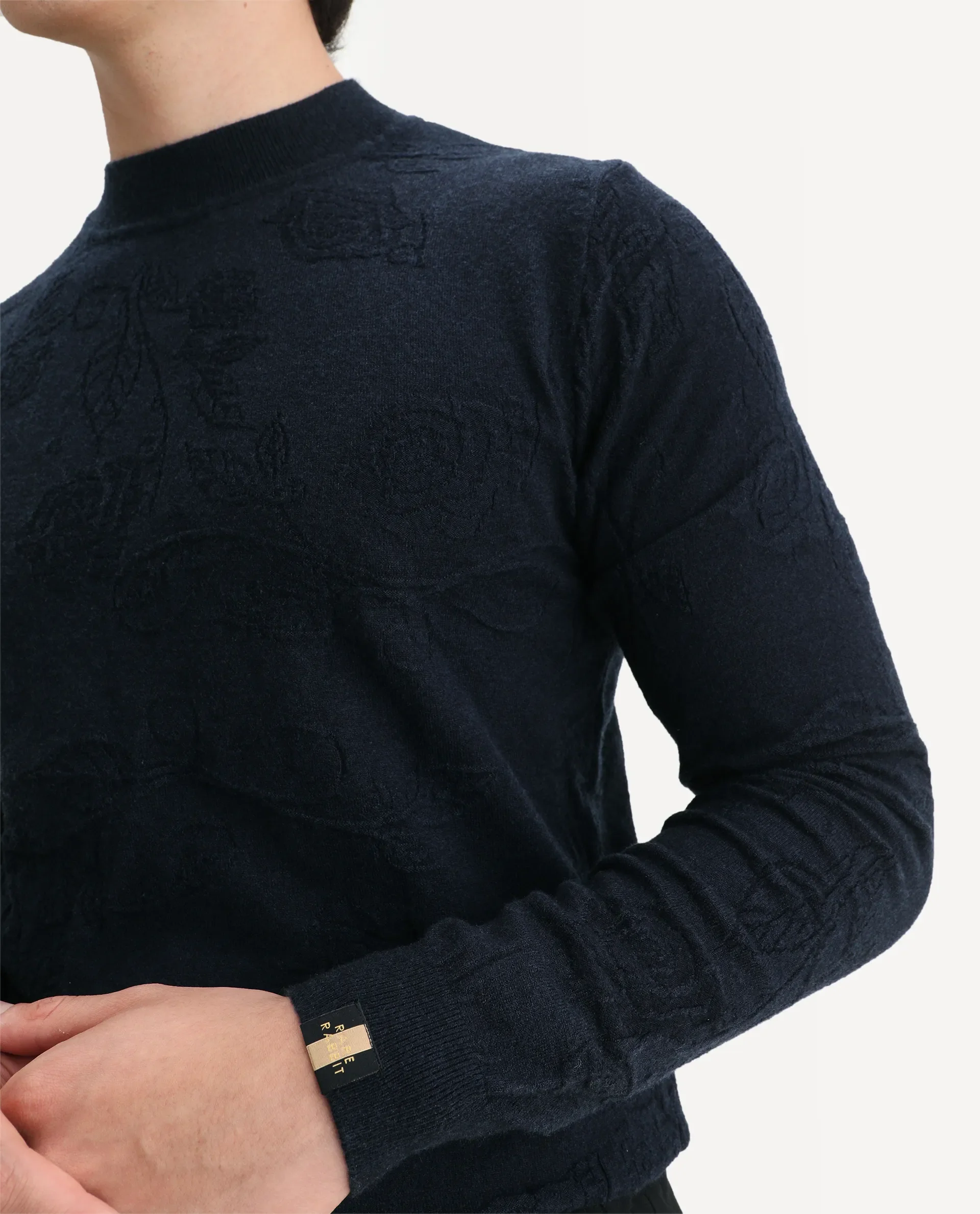 Rare Rabbit Men's Aiden Navy Viscose Jacquard Regular Fit Full Sleeve High Neck Sweater - Image 3