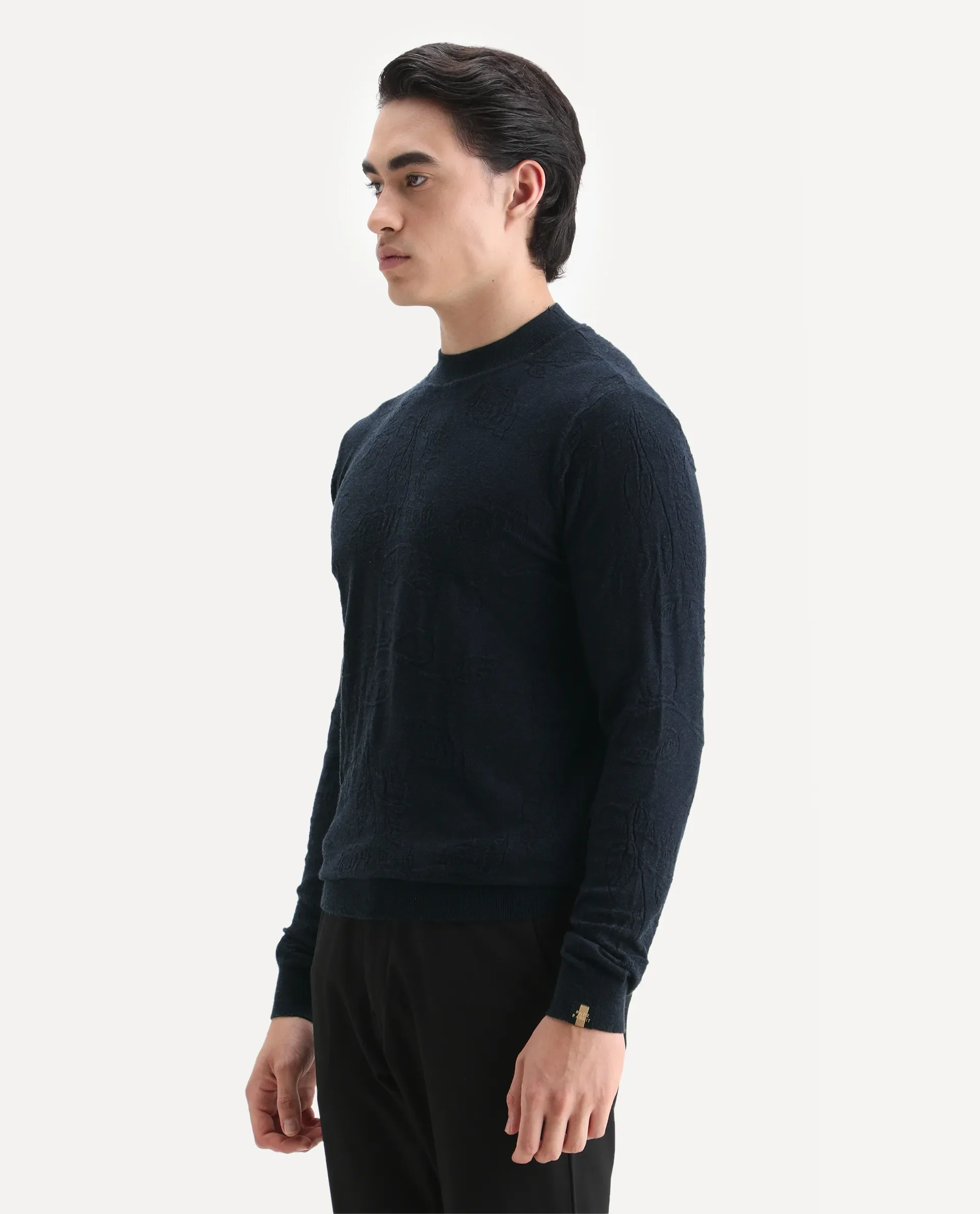 Rare Rabbit Men's Aiden Navy Viscose Jacquard Regular Fit Full Sleeve High Neck Sweater - Image 4
