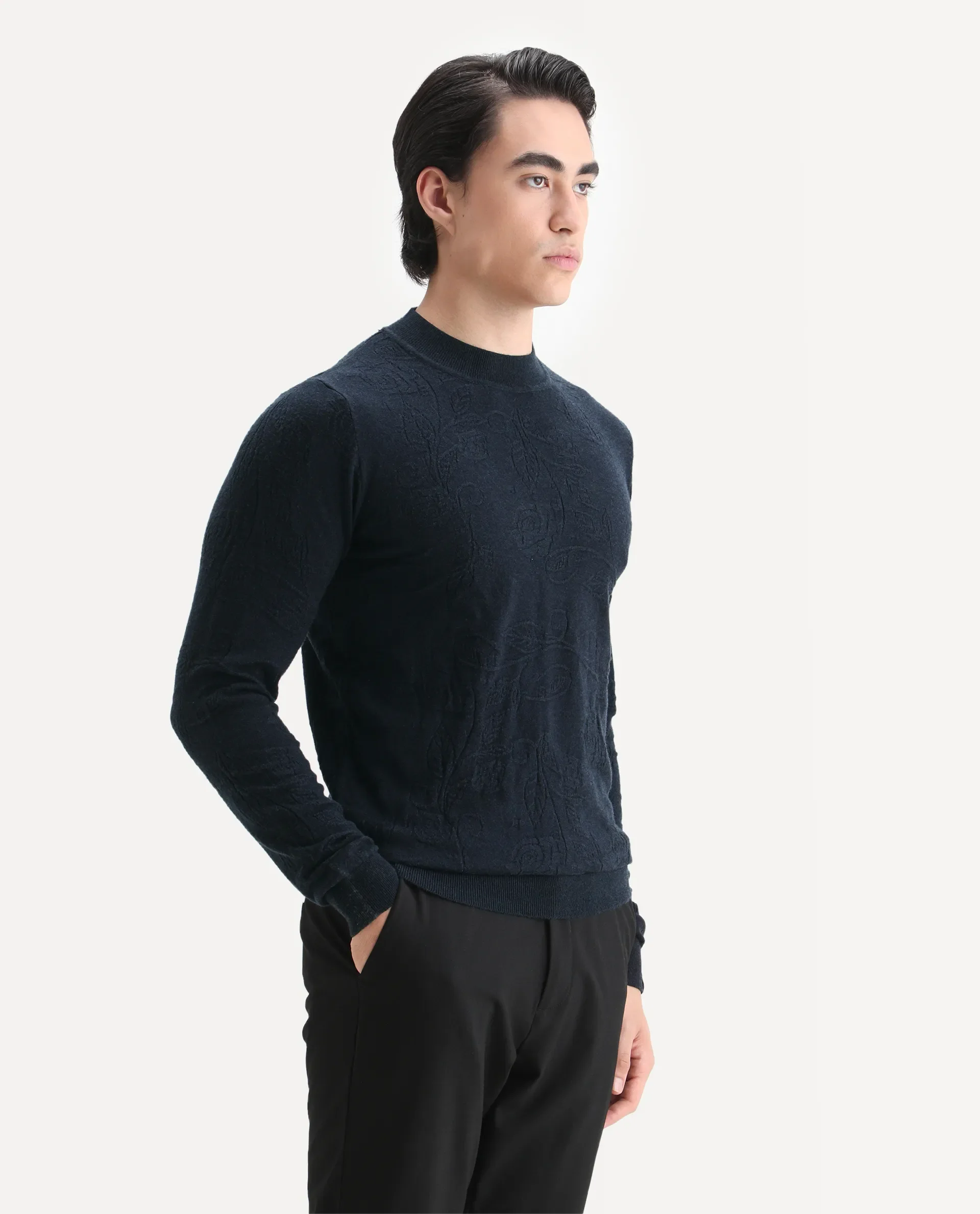 Rare Rabbit Men's Aiden Navy Viscose Jacquard Regular Fit Full Sleeve High Neck Sweater - Image 5