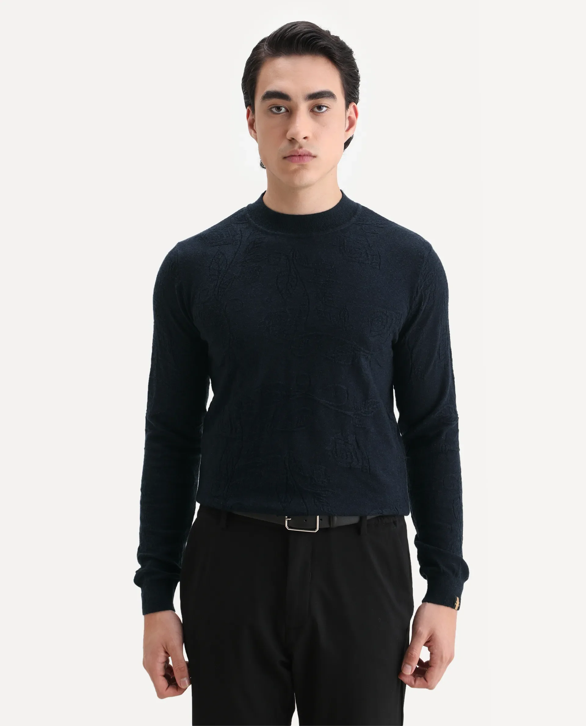 Rare Rabbit Men's Aiden Navy Viscose Jacquard Regular Fit Full Sleeve High Neck Sweater - Image 6