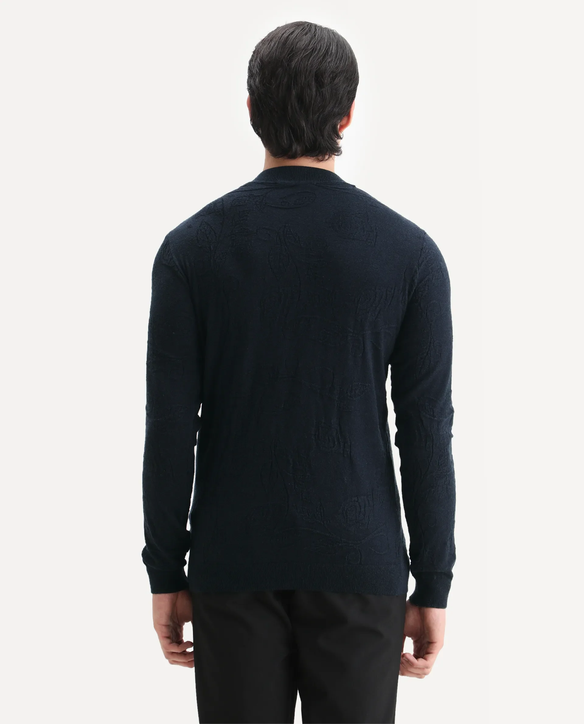 Rare Rabbit Men's Aiden Navy Viscose Jacquard Regular Fit Full Sleeve High Neck Sweater - Image 7