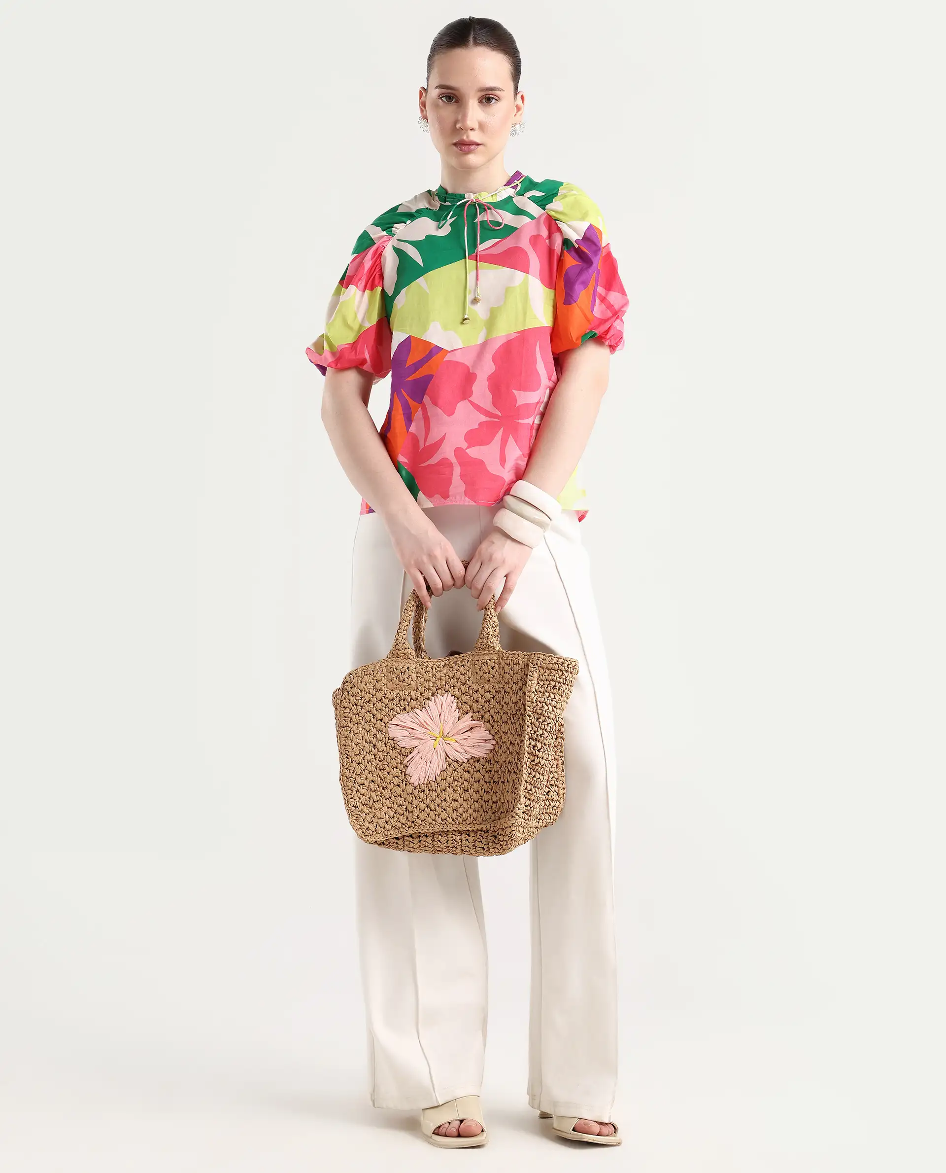 Rareism Women's Aili Multi Cotton Band Collar Floral Print Balloon Sleeve Regular Fit Top - Image 2