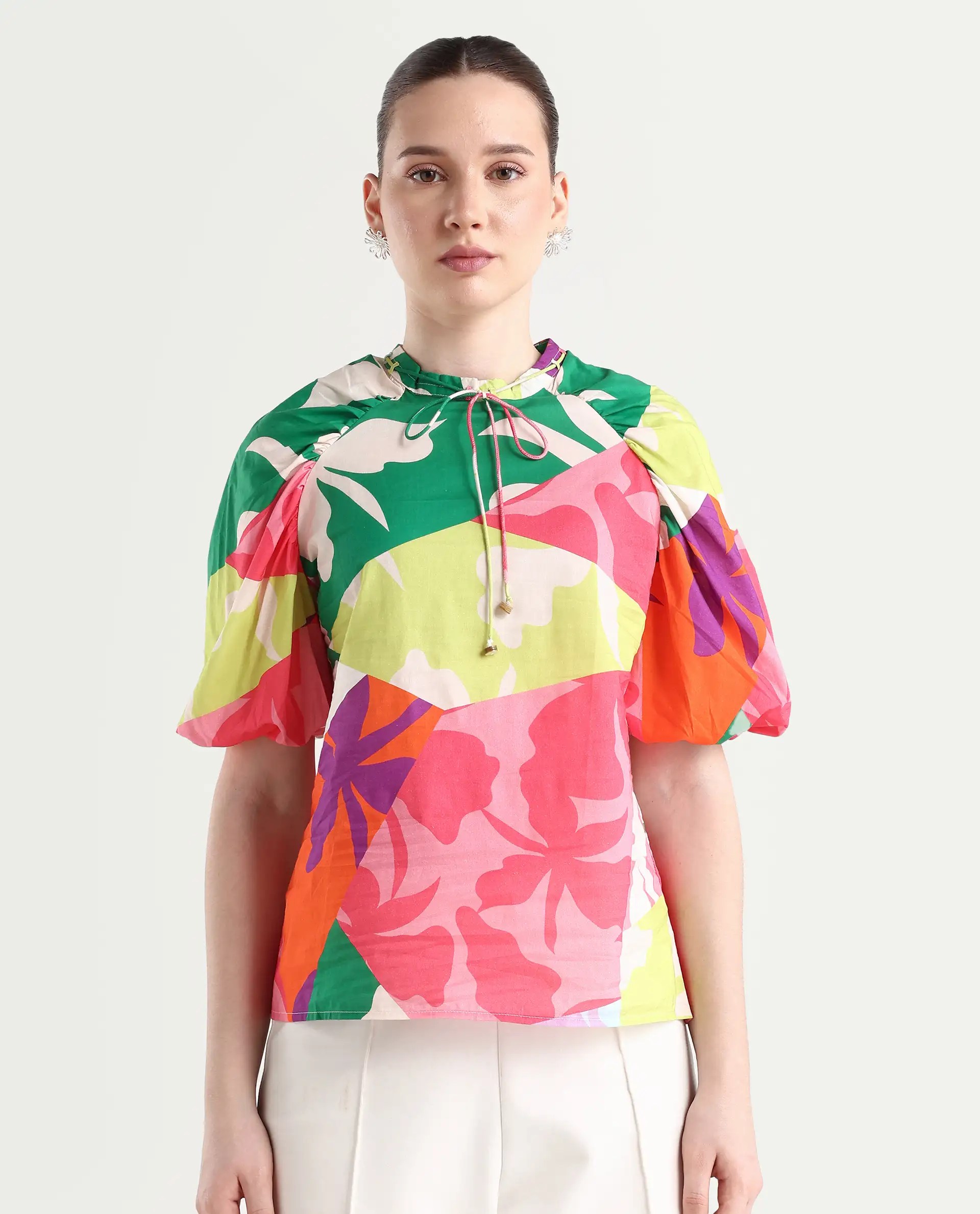 Rareism Women's Aili Multi Cotton Band Collar Floral Print Balloon Sleeve Regular Fit Top - Image 3