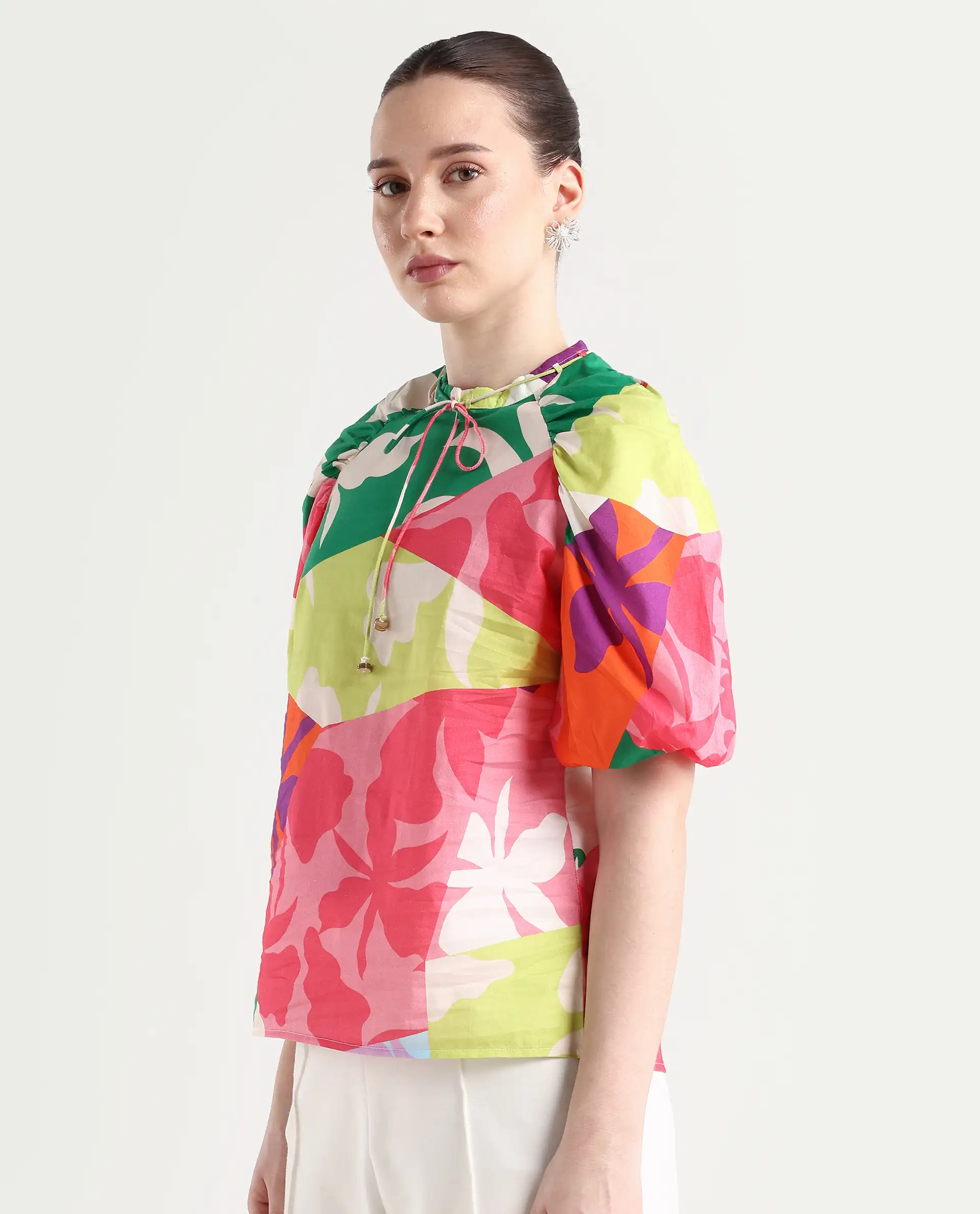 Rareism Women's Aili Multi Cotton Band Collar Floral Print Balloon Sleeve Regular Fit Top - Image 4