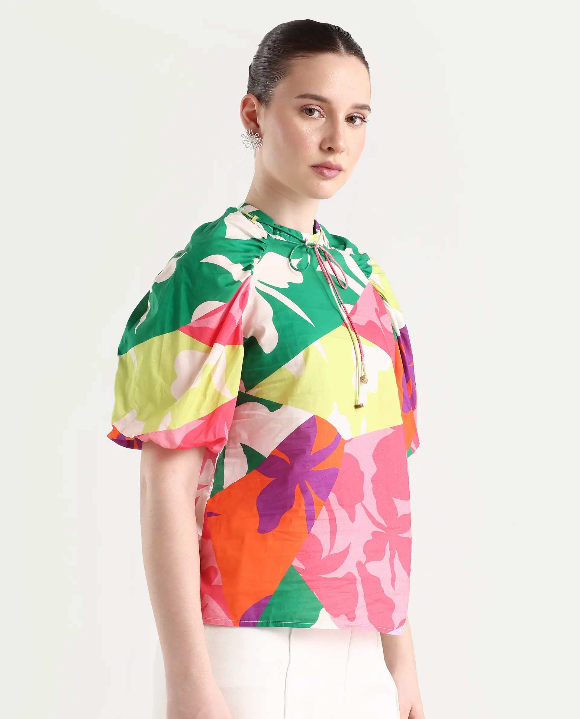 Rareism Women's Aili Multi Cotton Band Collar Floral Print Balloon Sleeve Regular Fit Top - Image 5