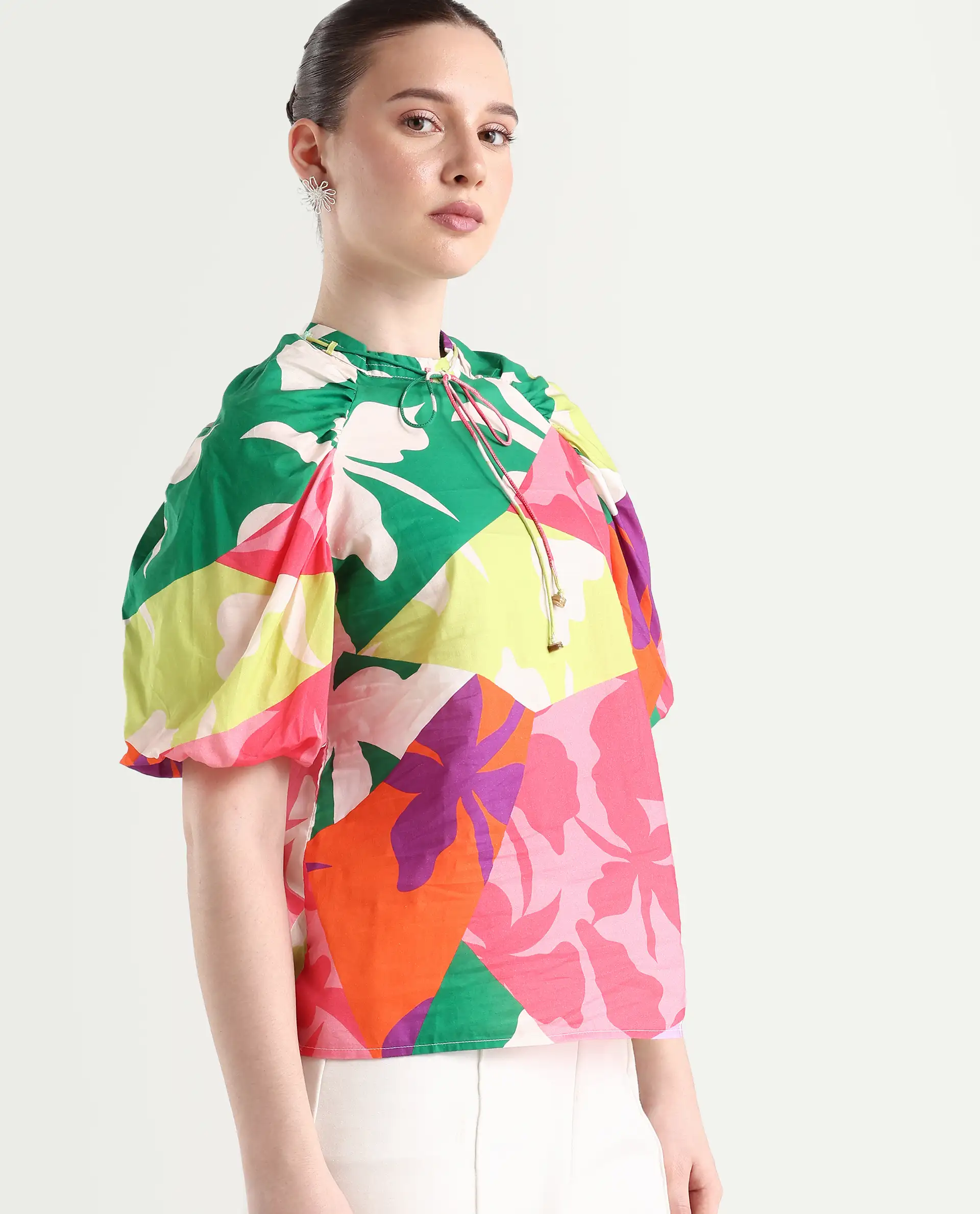 Rareism Women's Aili Multi Cotton Band Collar Floral Print Balloon Sleeve Regular Fit Top - Image 6