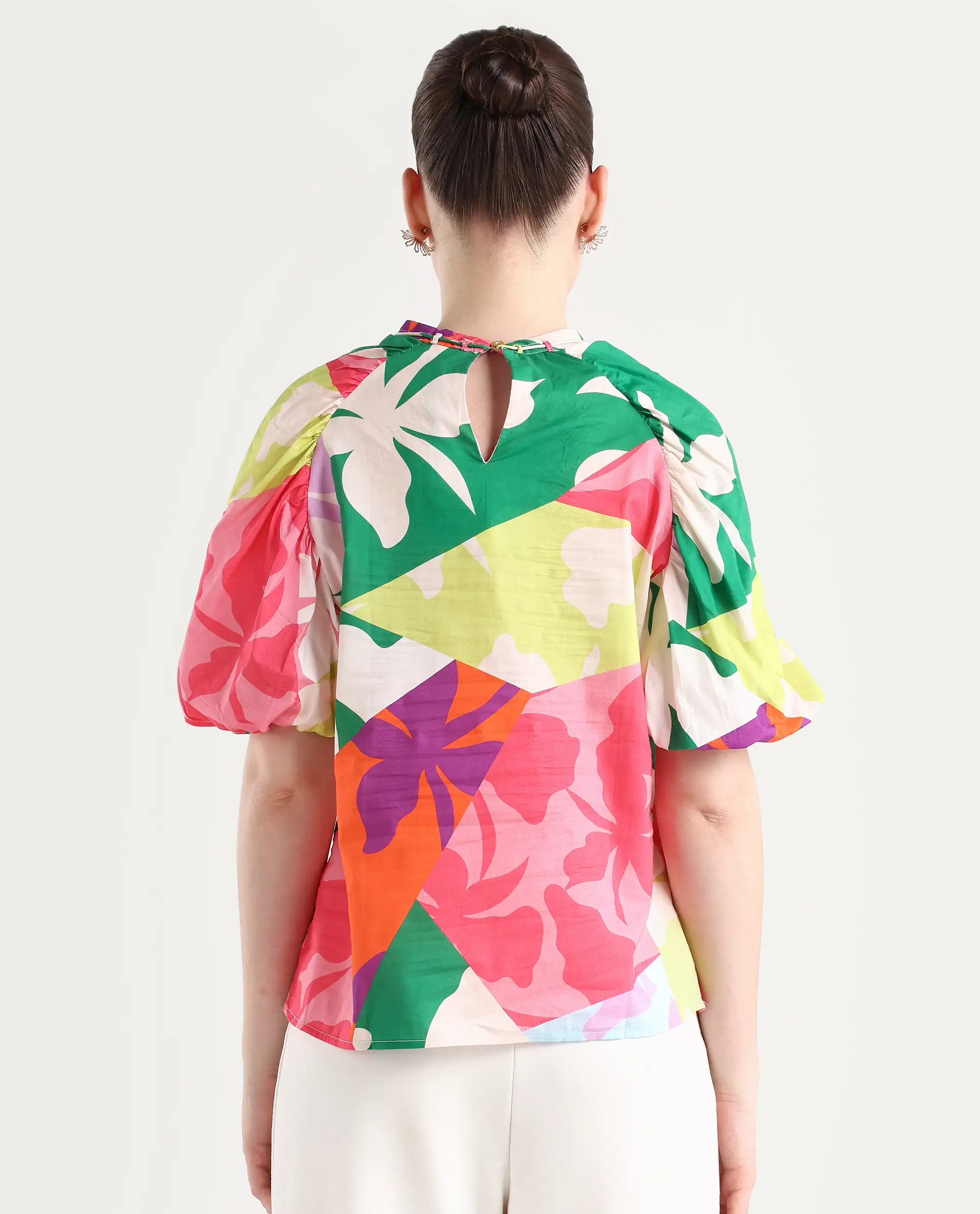 Rareism Women's Aili Multi Cotton Band Collar Floral Print Balloon Sleeve Regular Fit Top - Image 7