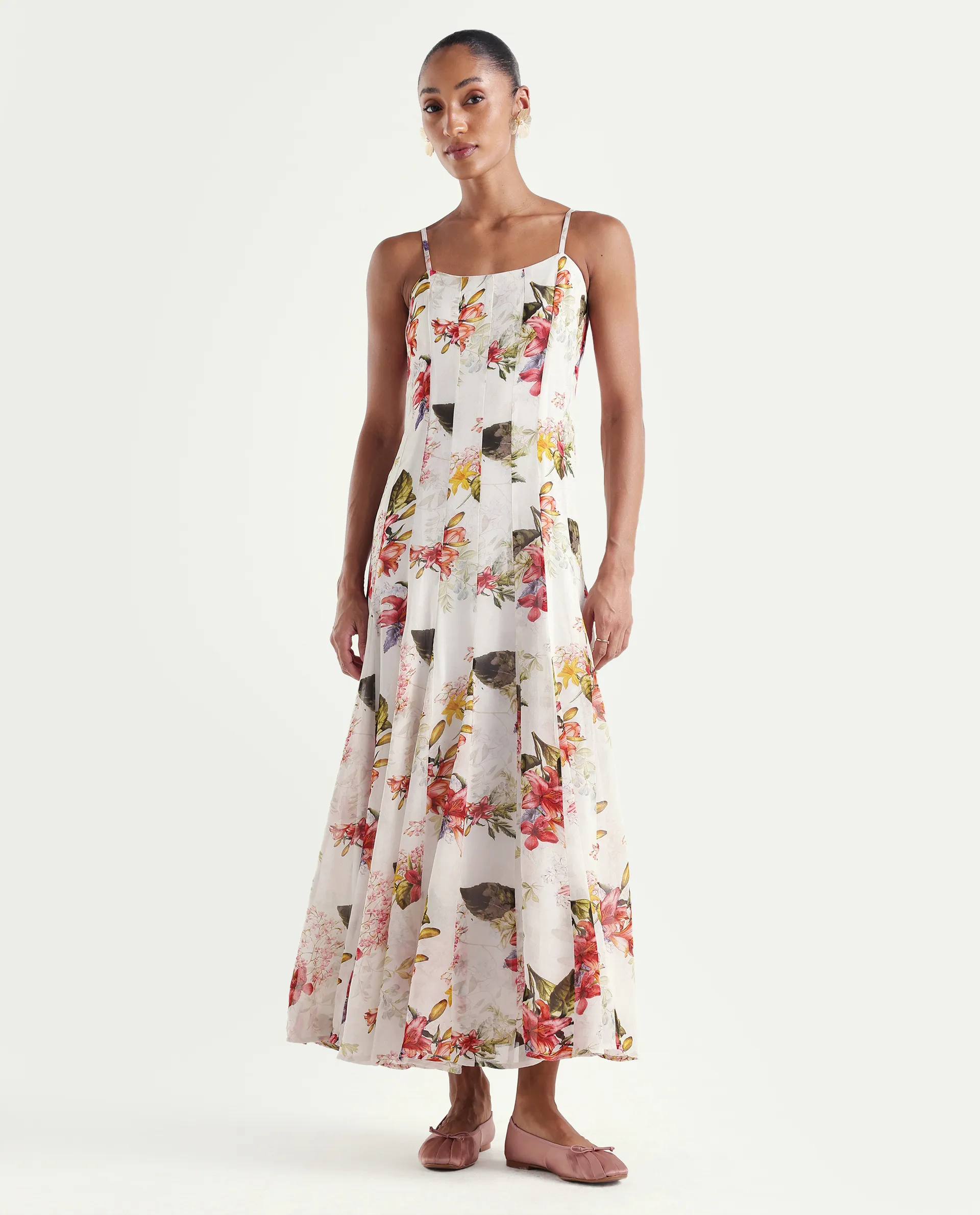 Rareism Women's Ailsa Off White Viscose Blend Sleeveless Fit And Flare Floral Print Dress - Image 2