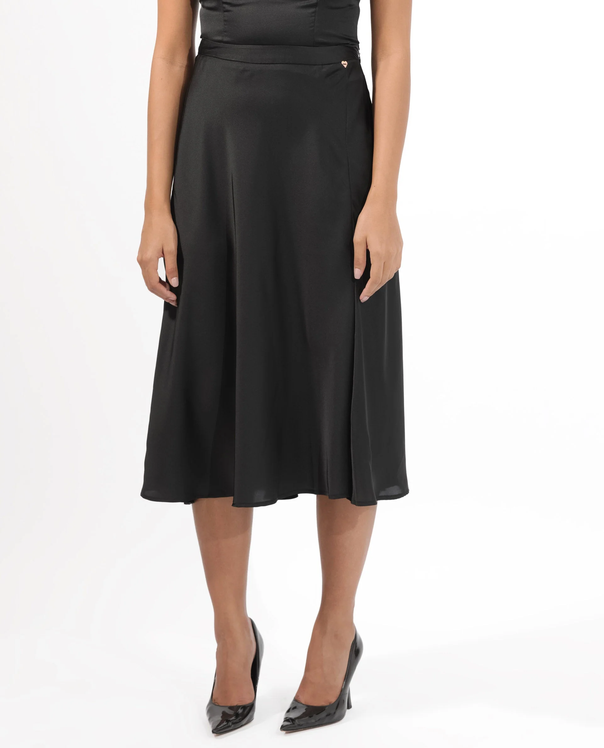 Rareism Women's Ailsa Black Polyester Plain Knee Length Regular Fit Skirt