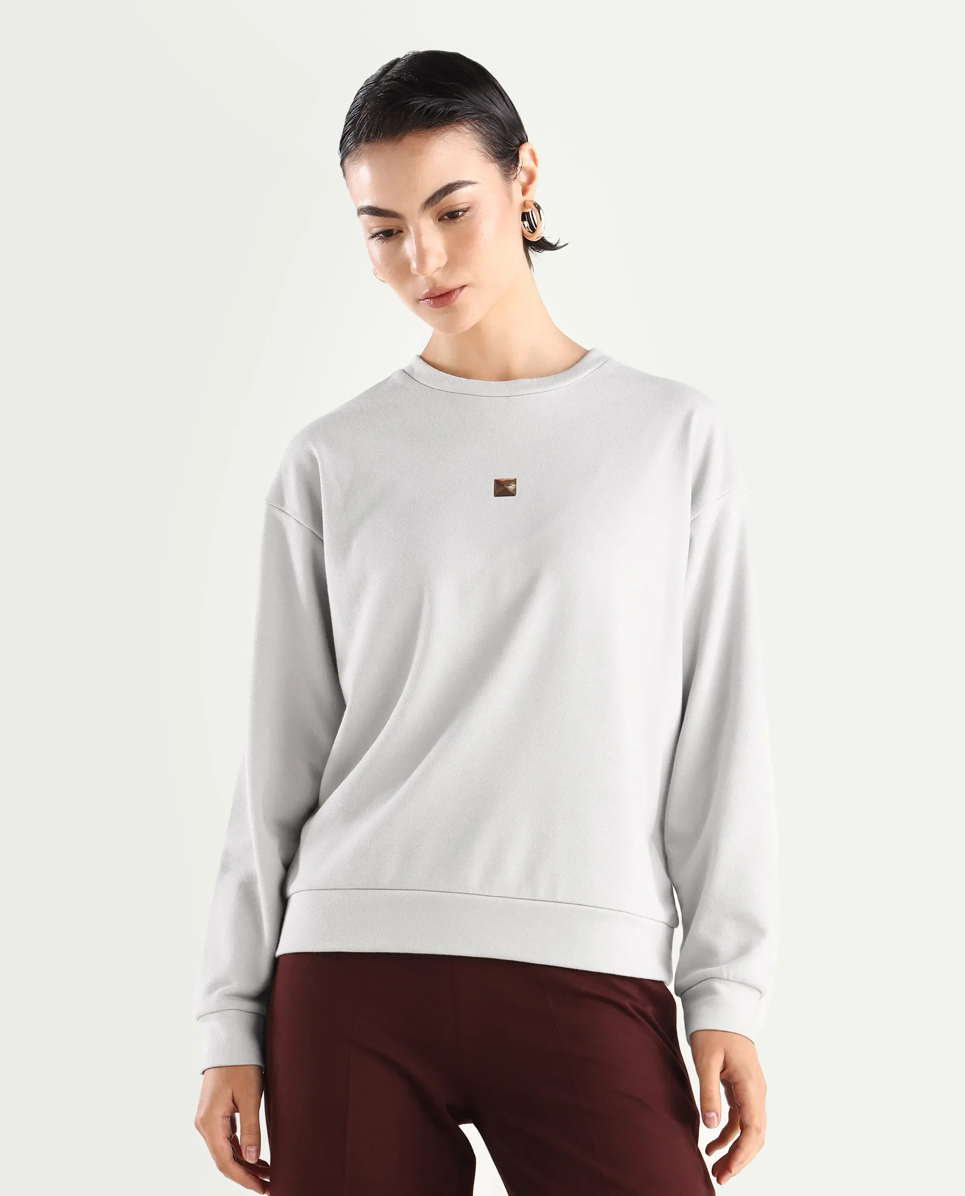 Rareism Women's Aimee Light Grey Polyester Blend Crew Neck Plain Boxy Fit Sweatshirt - Image 3