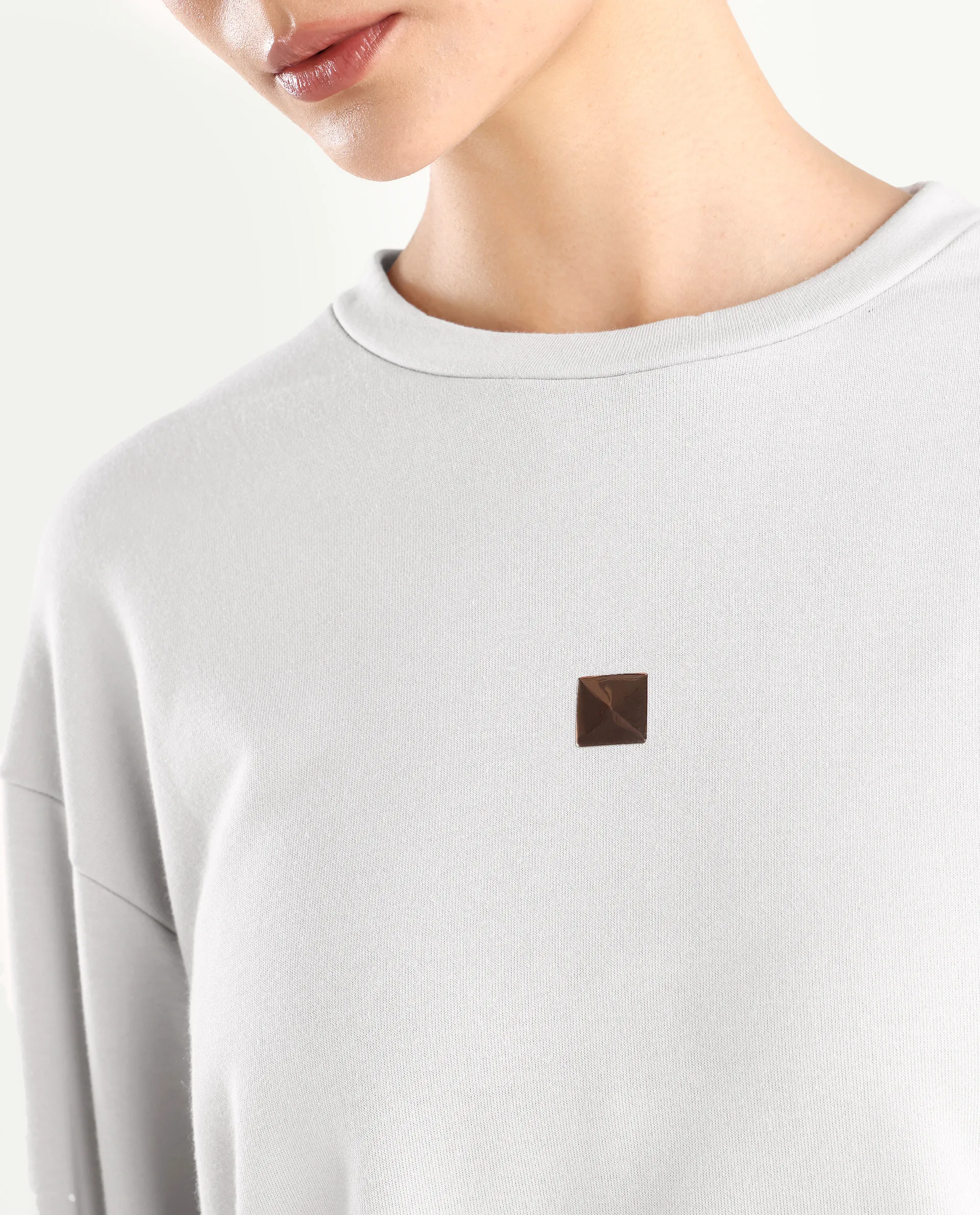 Rareism Women's Aimee Light Grey Polyester Blend Crew Neck Plain Boxy Fit Sweatshirt - Image 4