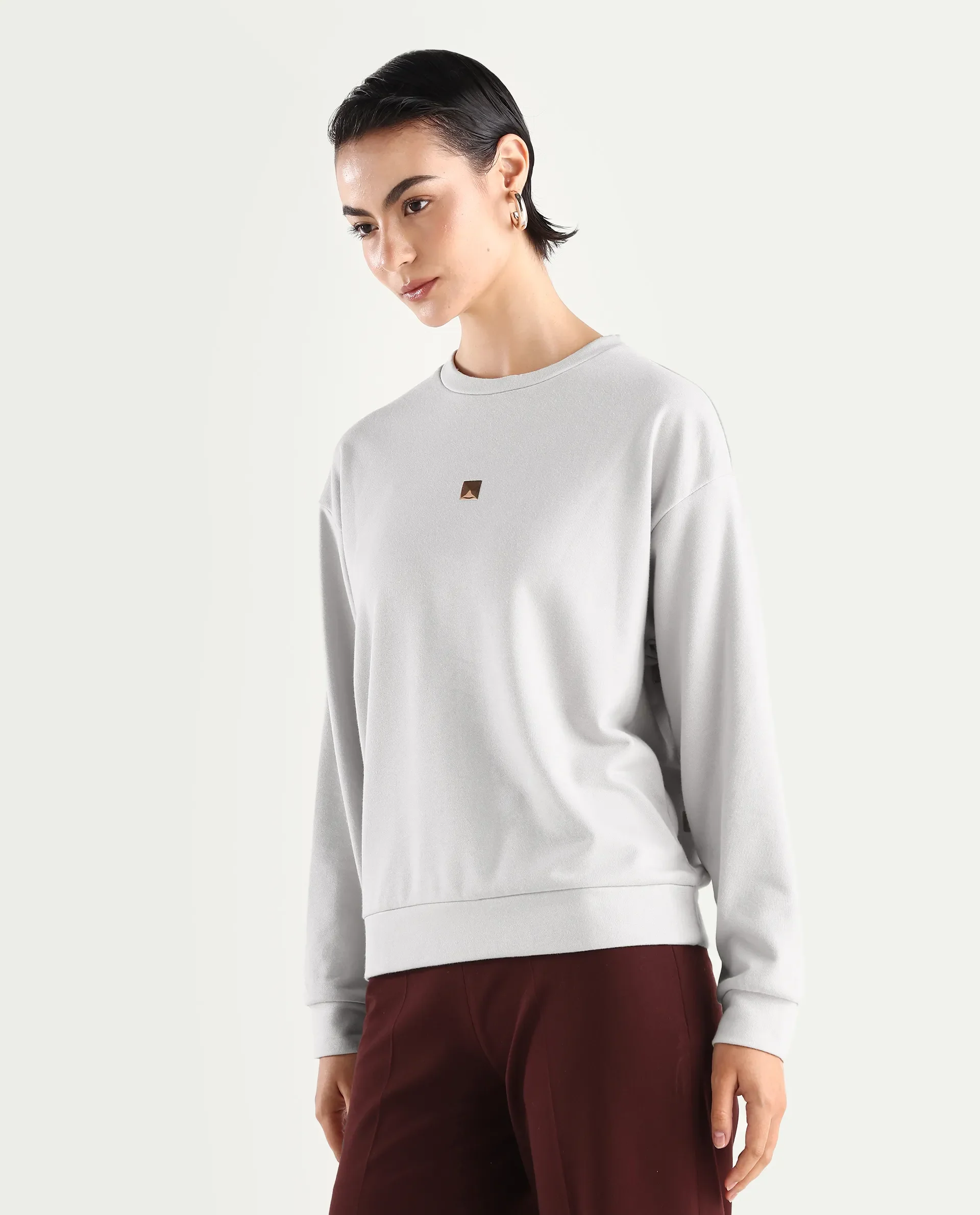 Rareism Women's Aimee Light Grey Polyester Blend Crew Neck Plain Boxy Fit Sweatshirt - Image 5