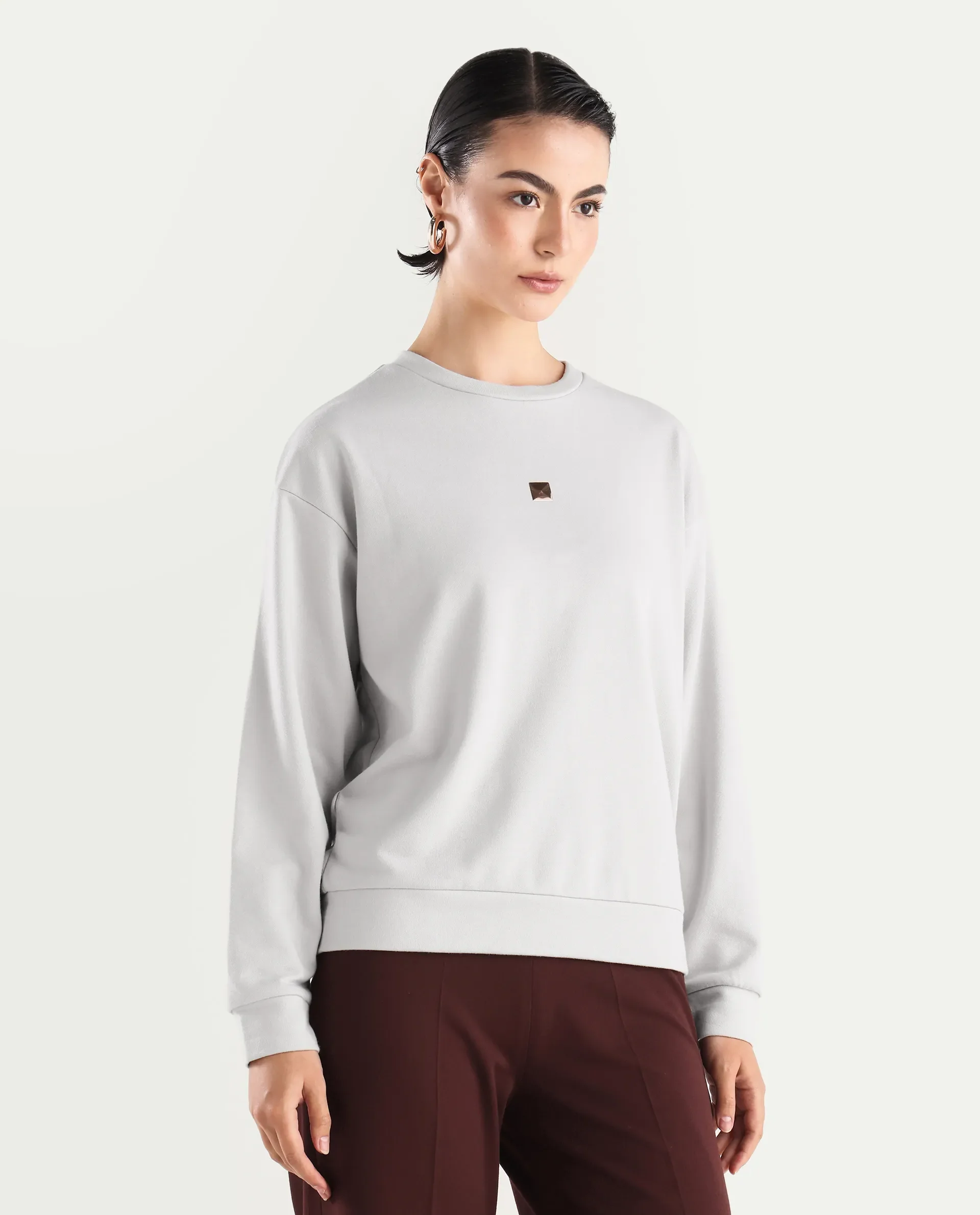 Rareism Women's Aimee Light Grey Polyester Blend Crew Neck Plain Boxy Fit Sweatshirt - Image 6