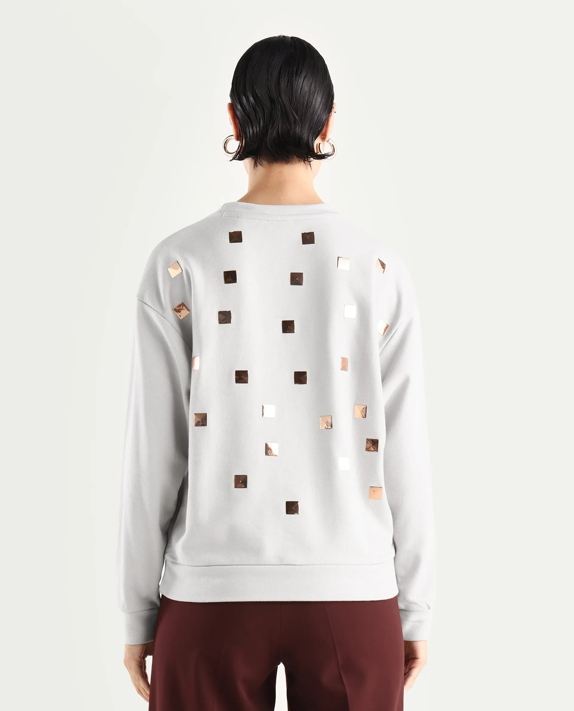 Rareism Women's Aimee Light Grey Polyester Blend Crew Neck Plain Boxy Fit Sweatshirt - Image 7