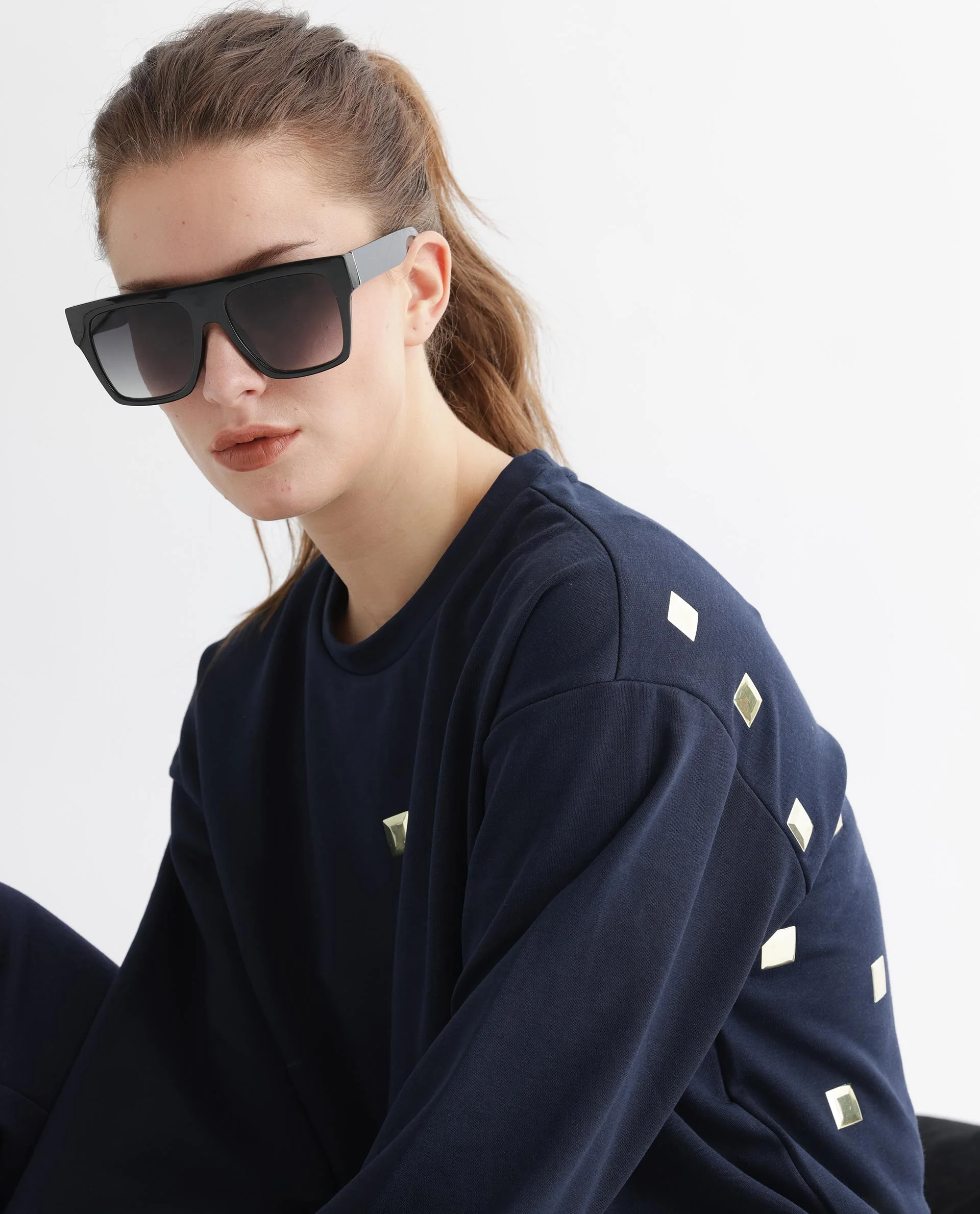 Rareism Women's Aimee Navy Polyester Blend Crew Neck Plain Boxy Fit Sweatshirt - Image 10
