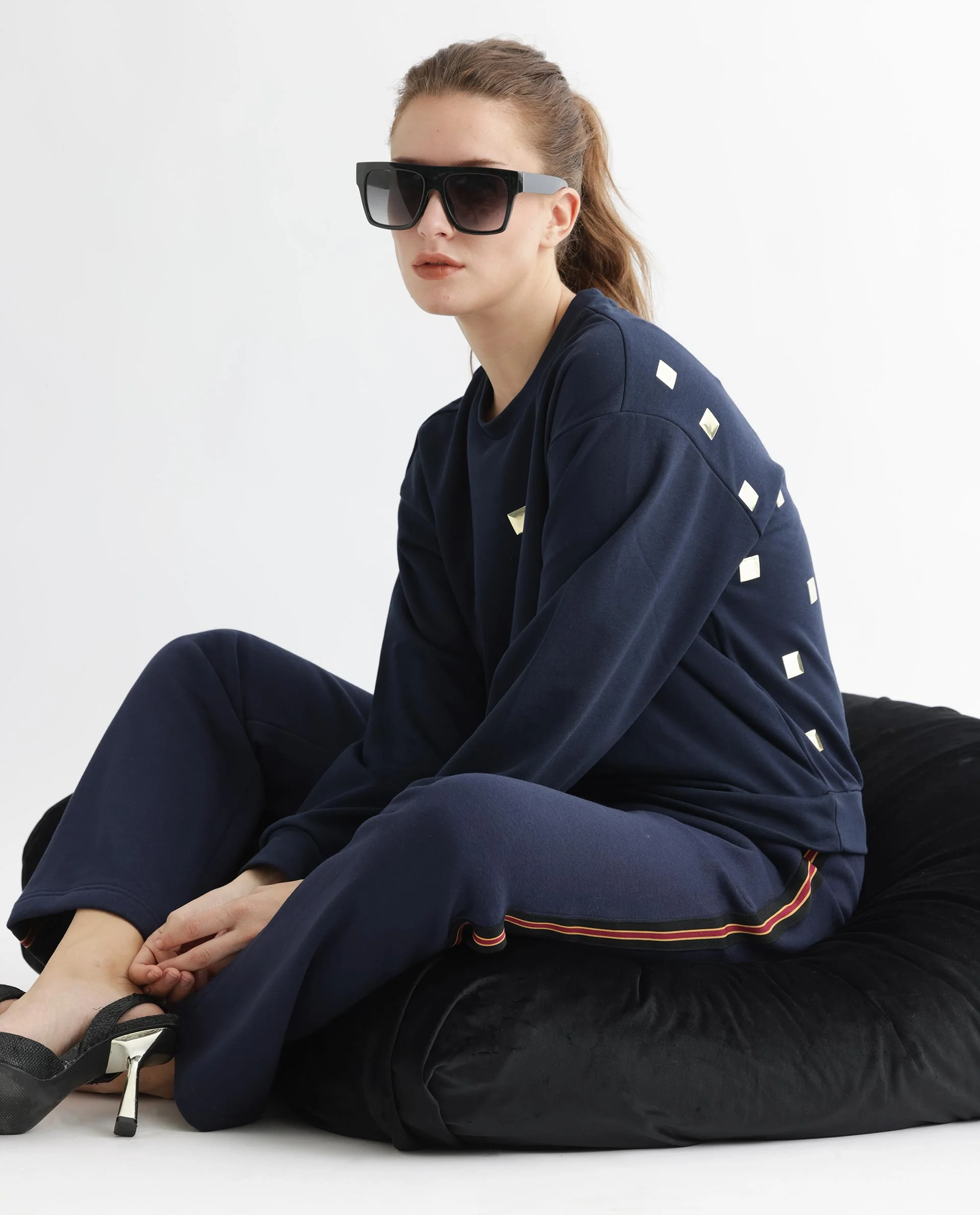 Rareism Women's Aimee Navy Polyester Blend Crew Neck Plain Boxy Fit Sweatshirt - Image 11