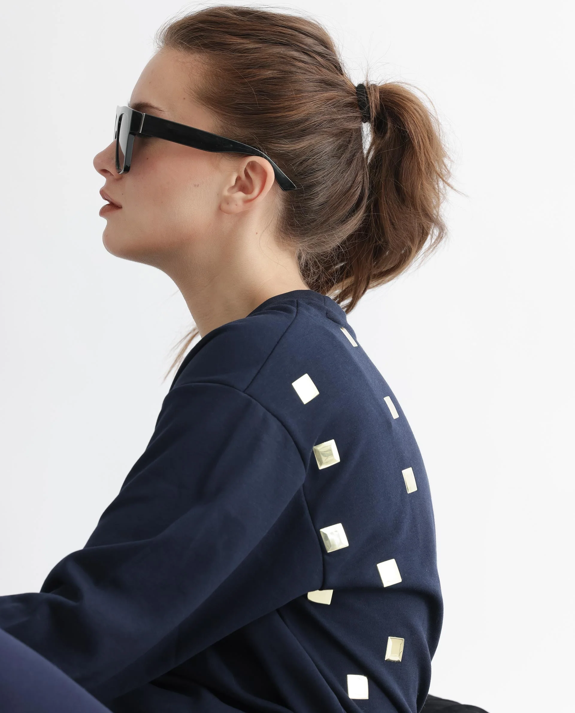 Rareism Women's Aimee Navy Polyester Blend Crew Neck Plain Boxy Fit Sweatshirt - Image 12