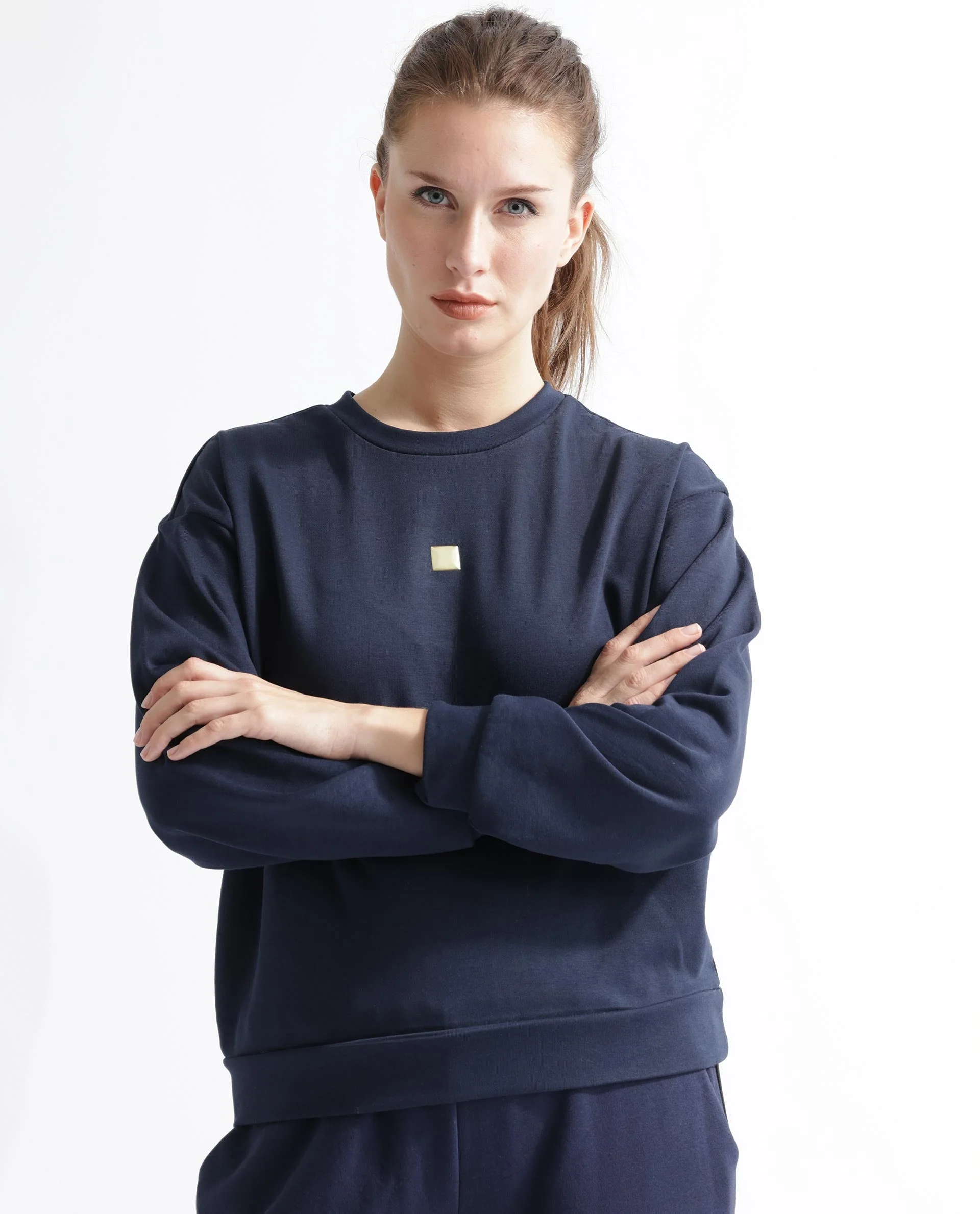 Rareism Women's Aimee Navy Polyester Blend Crew Neck Plain Boxy Fit Sweatshirt - Image 15