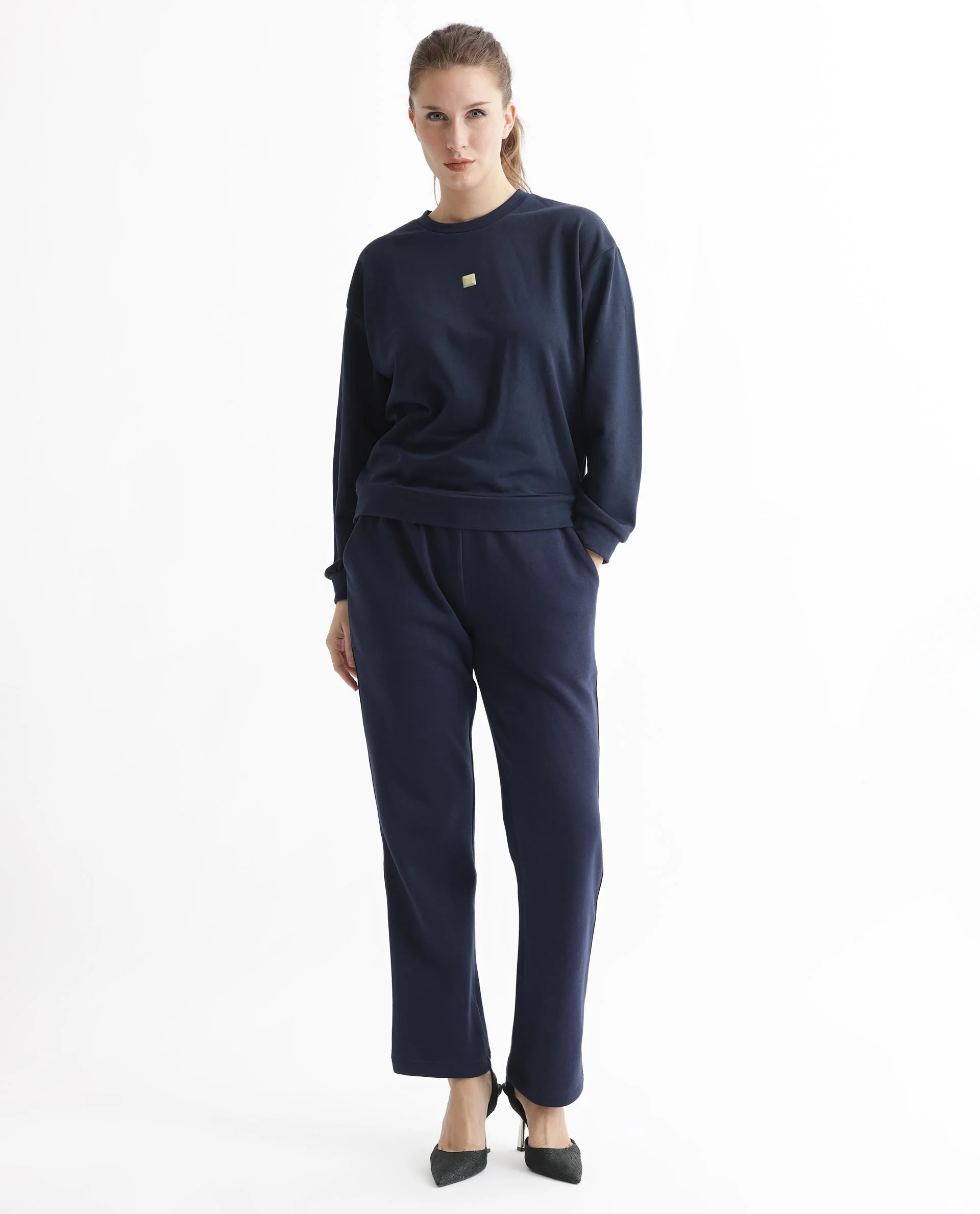 Rareism Women's Aimee Navy Polyester Blend Crew Neck Plain Boxy Fit Sweatshirt - Image 3