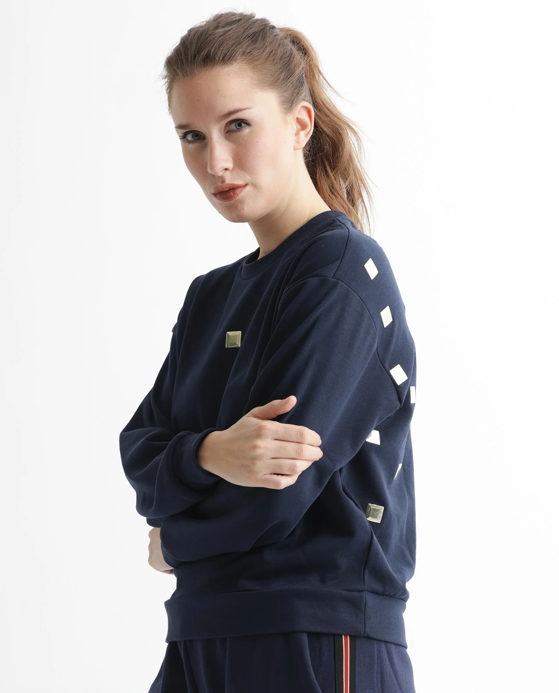 Rareism Women's Aimee Navy Polyester Blend Crew Neck Plain Boxy Fit Sweatshirt - Image 4