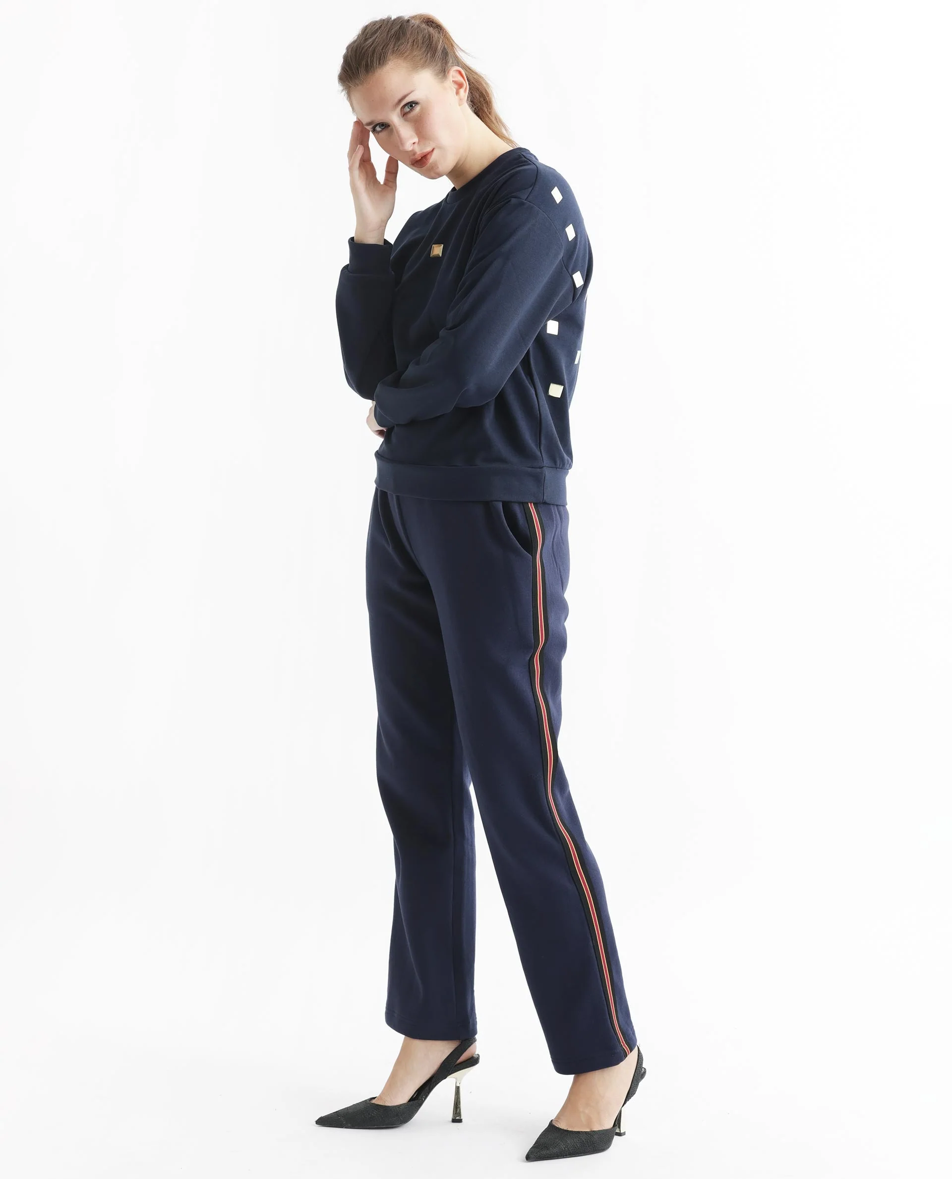 Rareism Women's Aimee Navy Polyester Blend Crew Neck Plain Boxy Fit Sweatshirt - Image 5