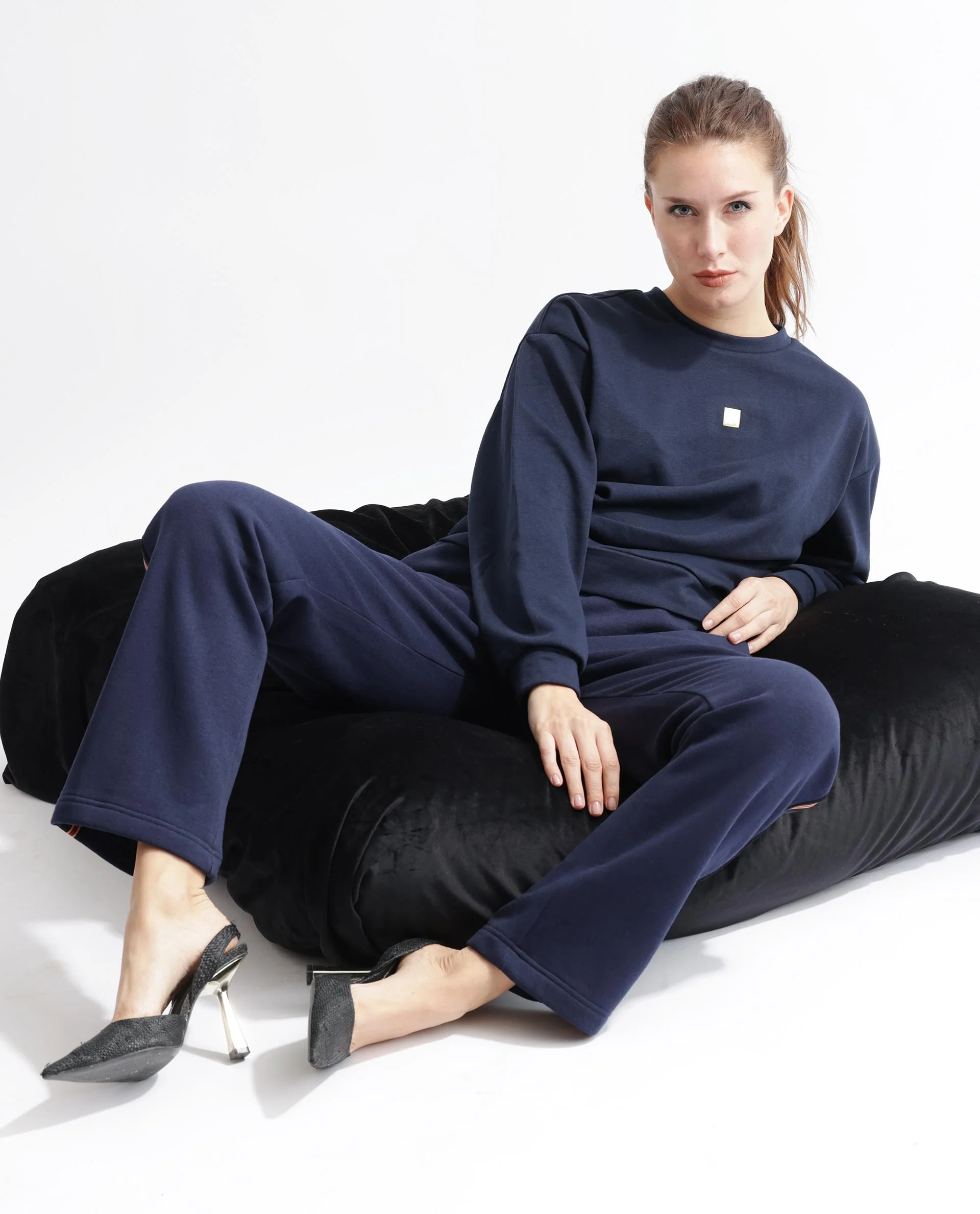 Rareism Women's Aimee Navy Polyester Blend Crew Neck Plain Boxy Fit Sweatshirt - Image 6