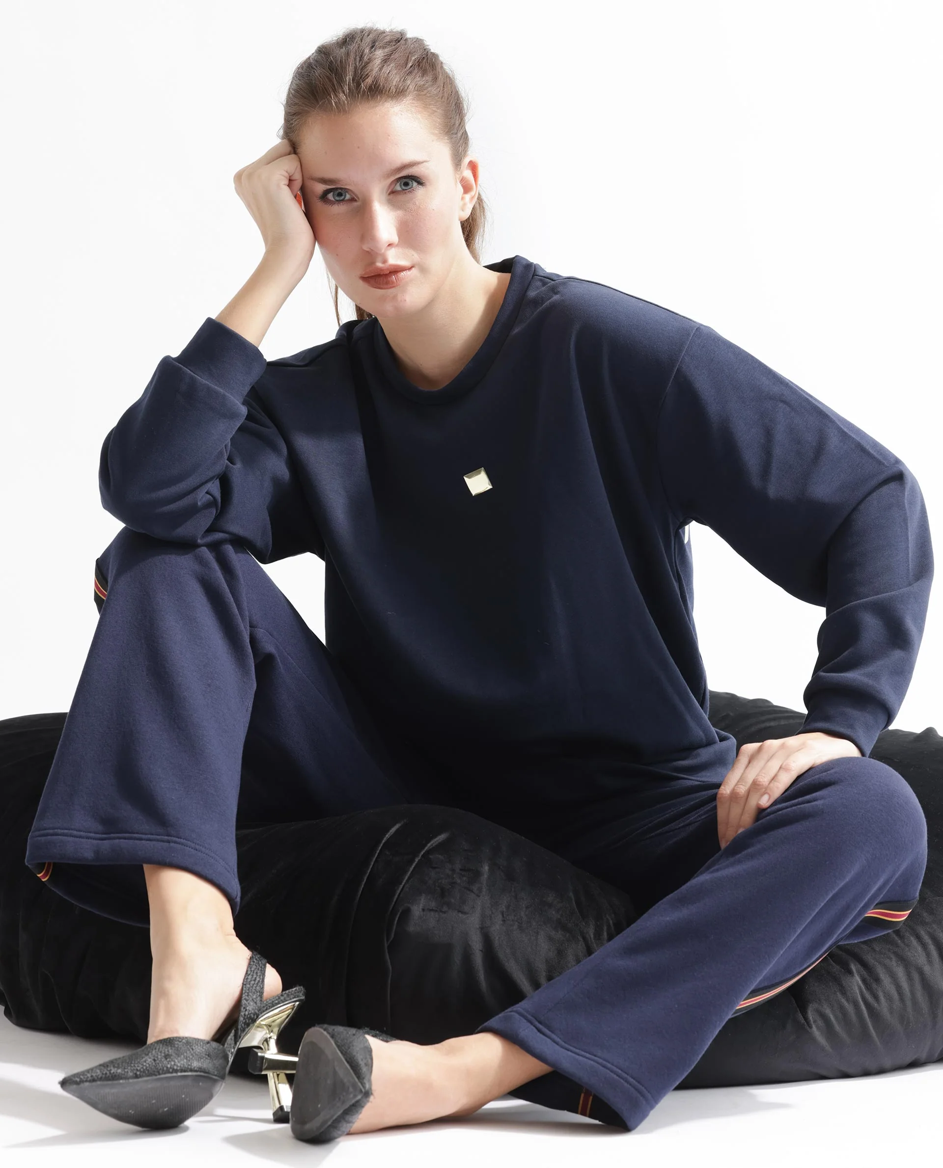 Rareism Women's Aimee Navy Polyester Blend Crew Neck Plain Boxy Fit Sweatshirt - Image 7