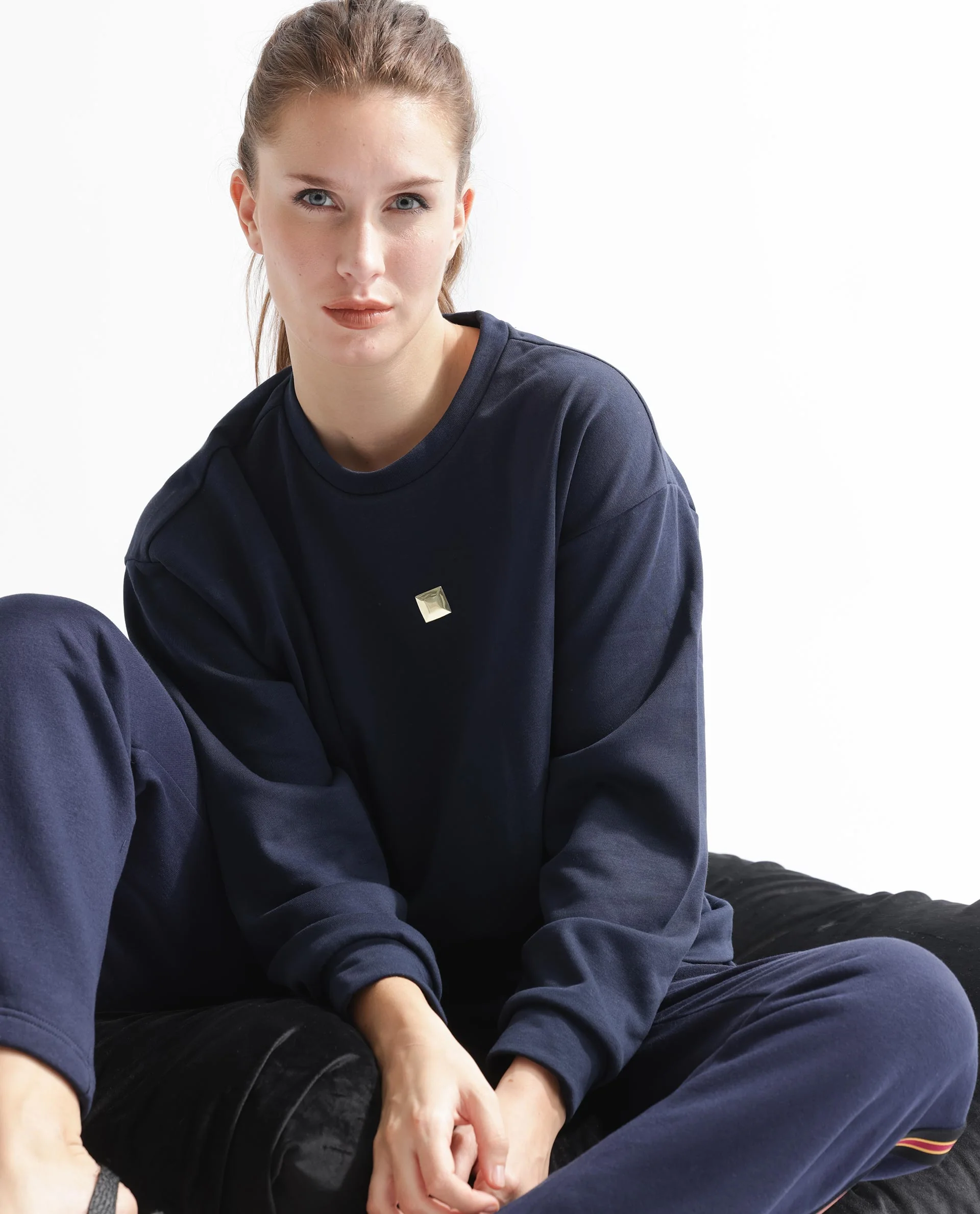 Rareism Women's Aimee Navy Polyester Blend Crew Neck Plain Boxy Fit Sweatshirt - Image 8