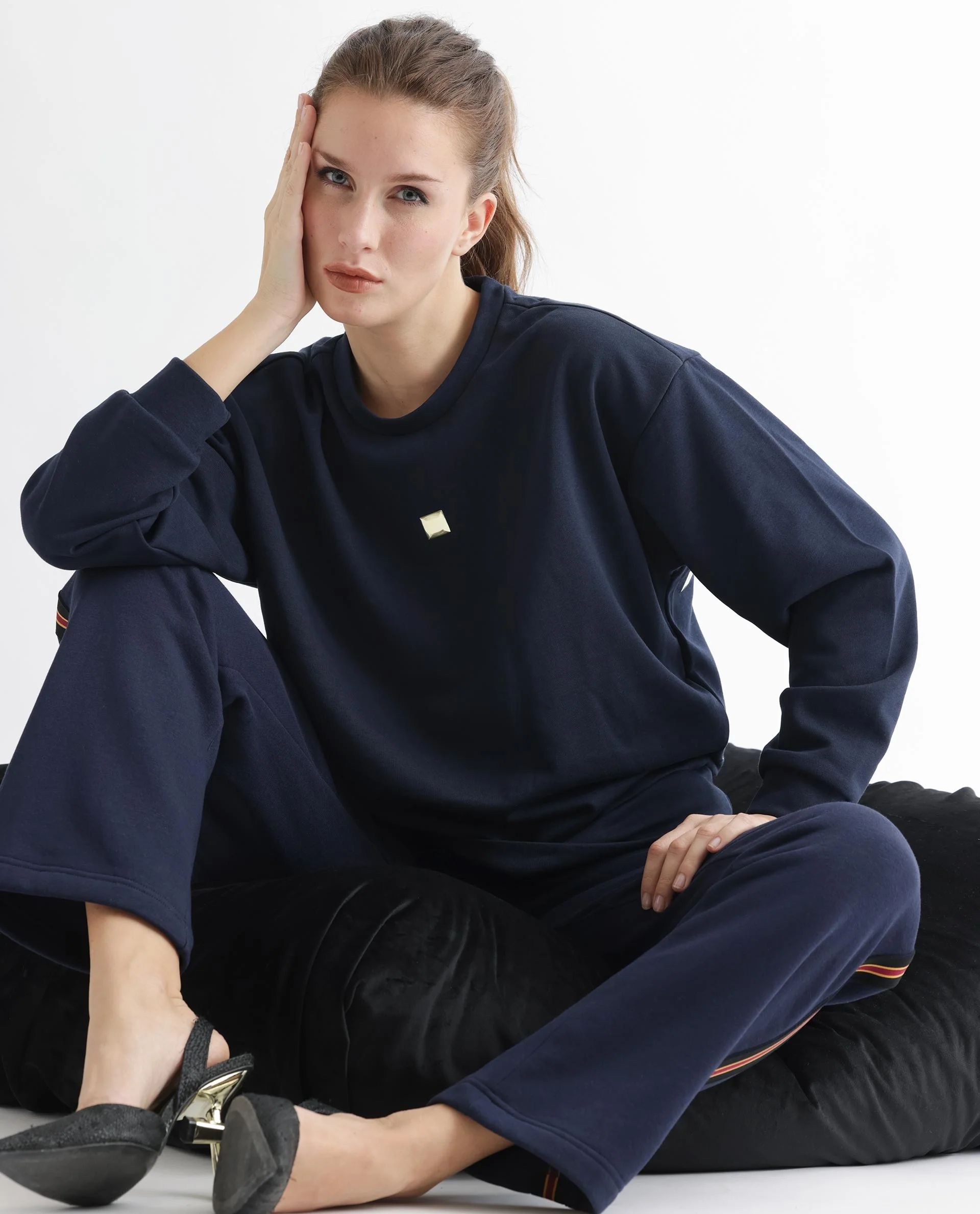Rareism Women's Aimee Navy Polyester Blend Crew Neck Plain Boxy Fit Sweatshirt - Image 9