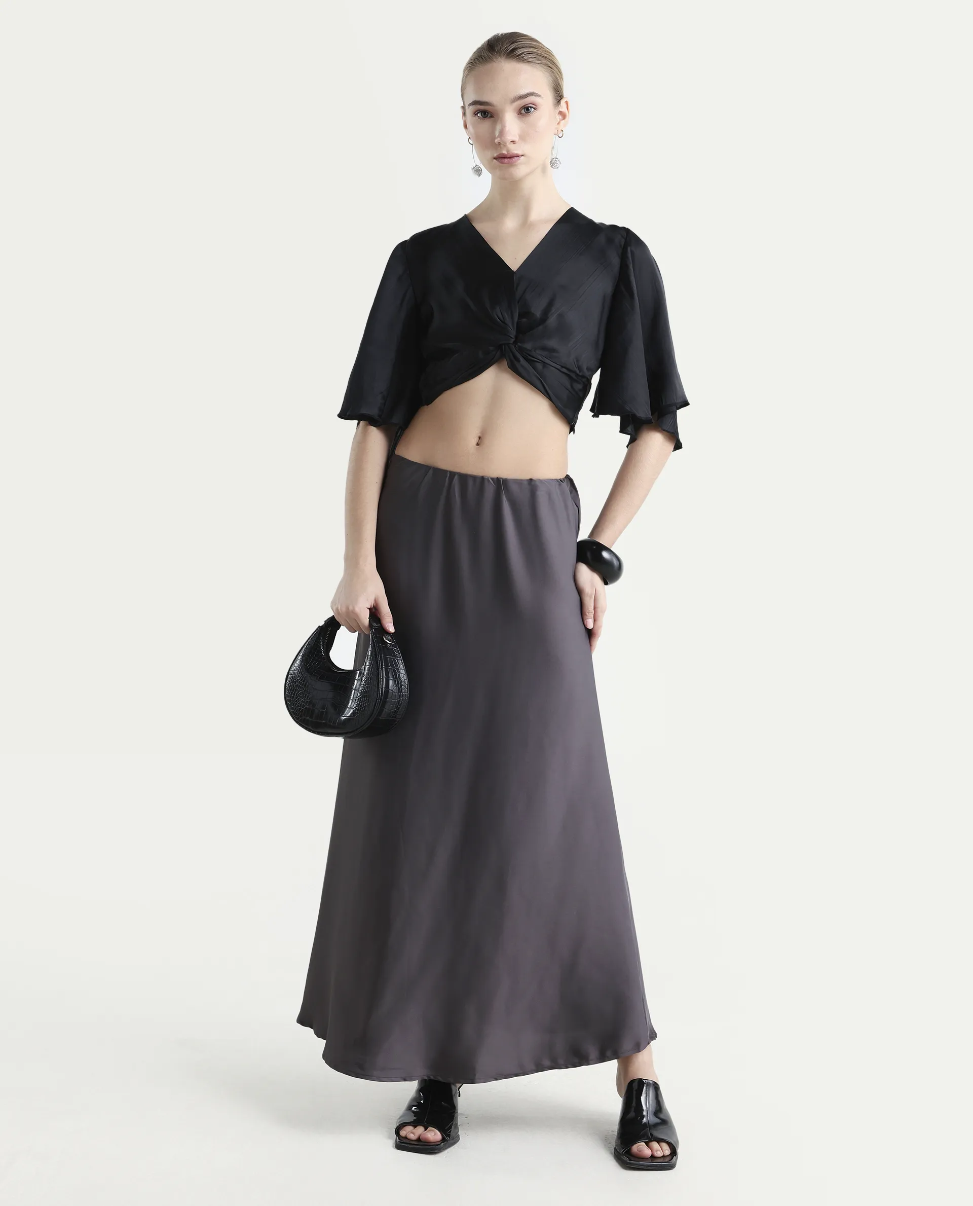 Rareism Women's Ainara Black Polyester V-Neck Plain Flared Sleeve Crop Regular Fit Top - Image 2