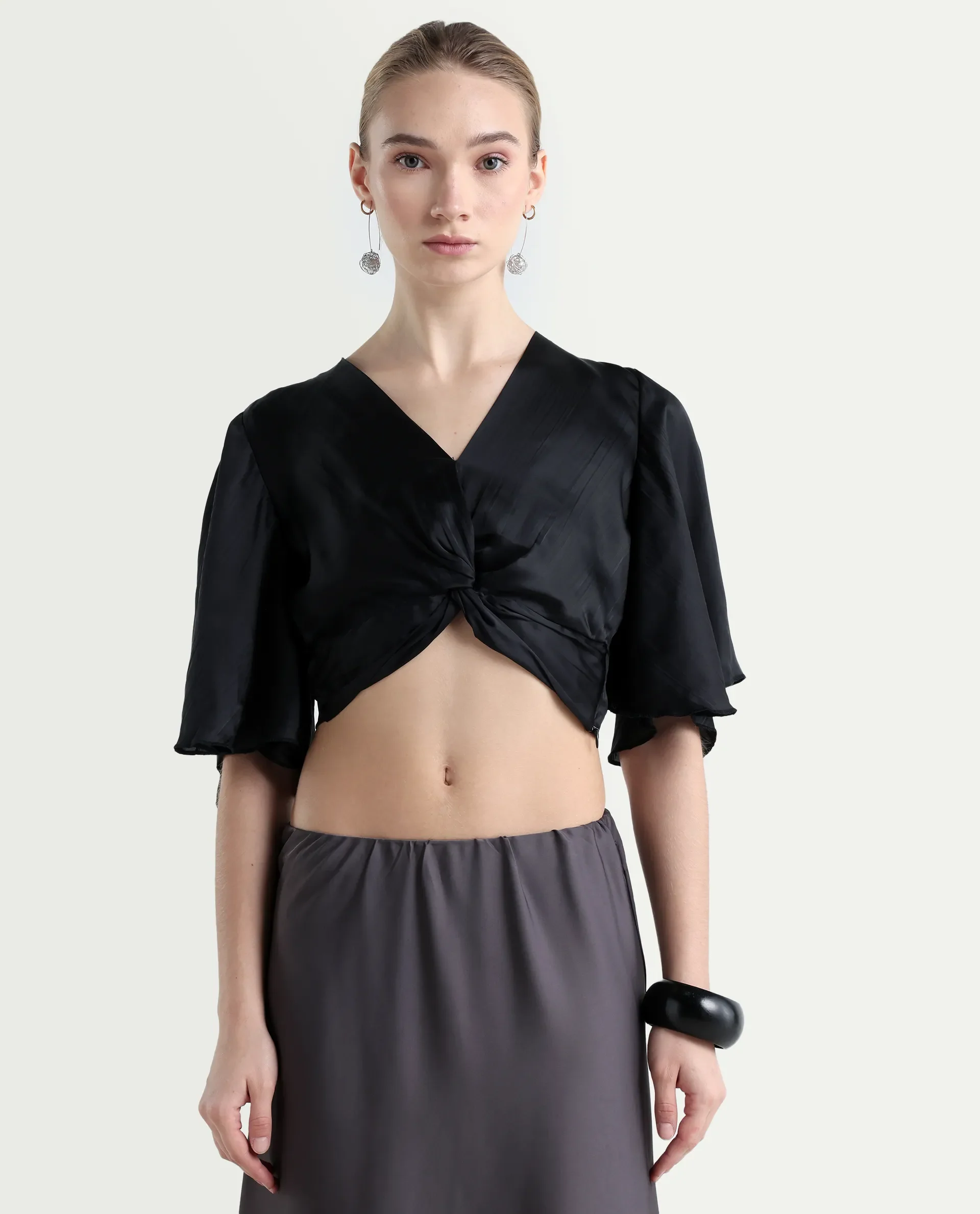 Rareism Women's Ainara Black Polyester V-Neck Plain Flared Sleeve Crop Regular Fit Top - Image 3