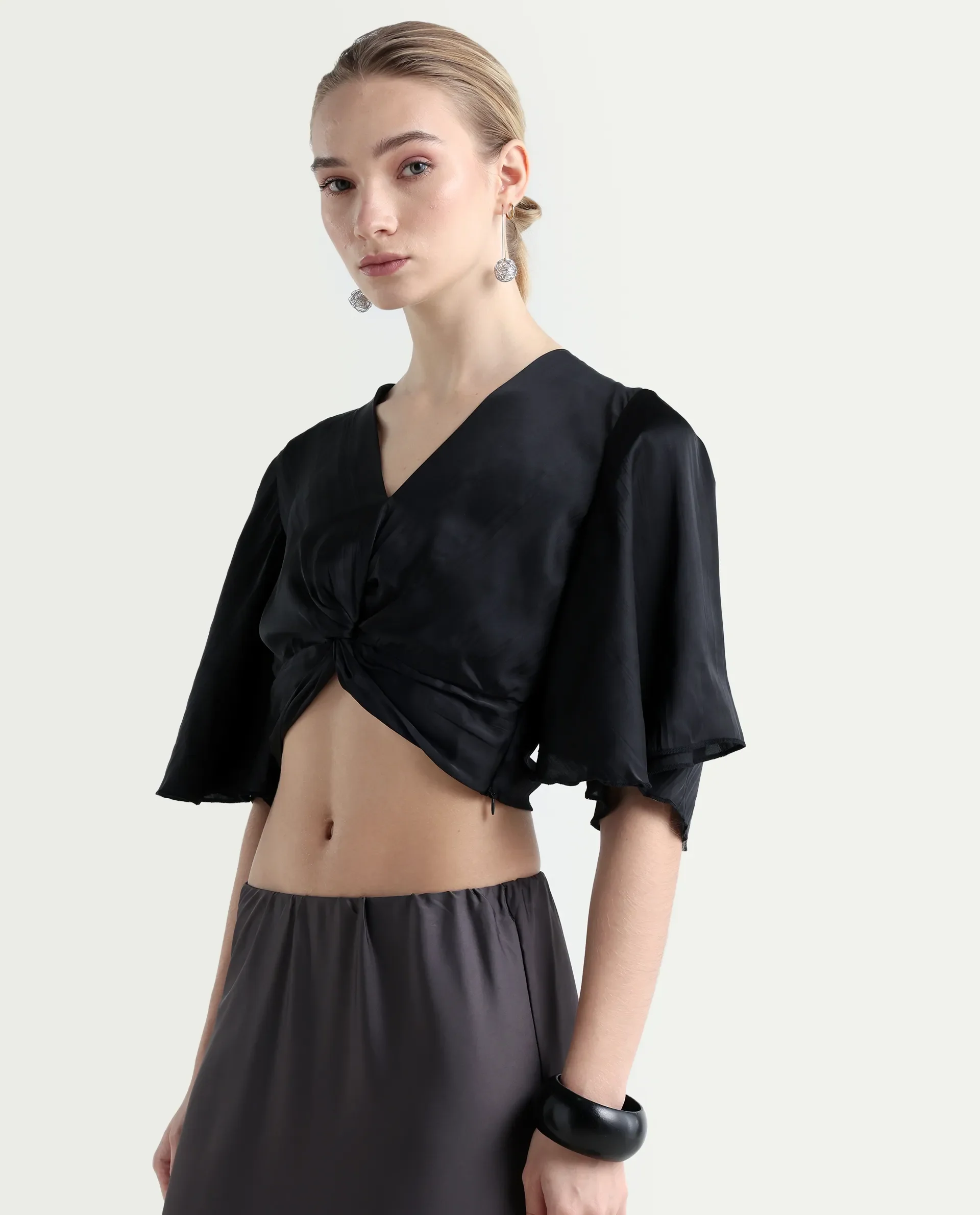 Rareism Women's Ainara Black Polyester V-Neck Plain Flared Sleeve Crop Regular Fit Top - Image 5