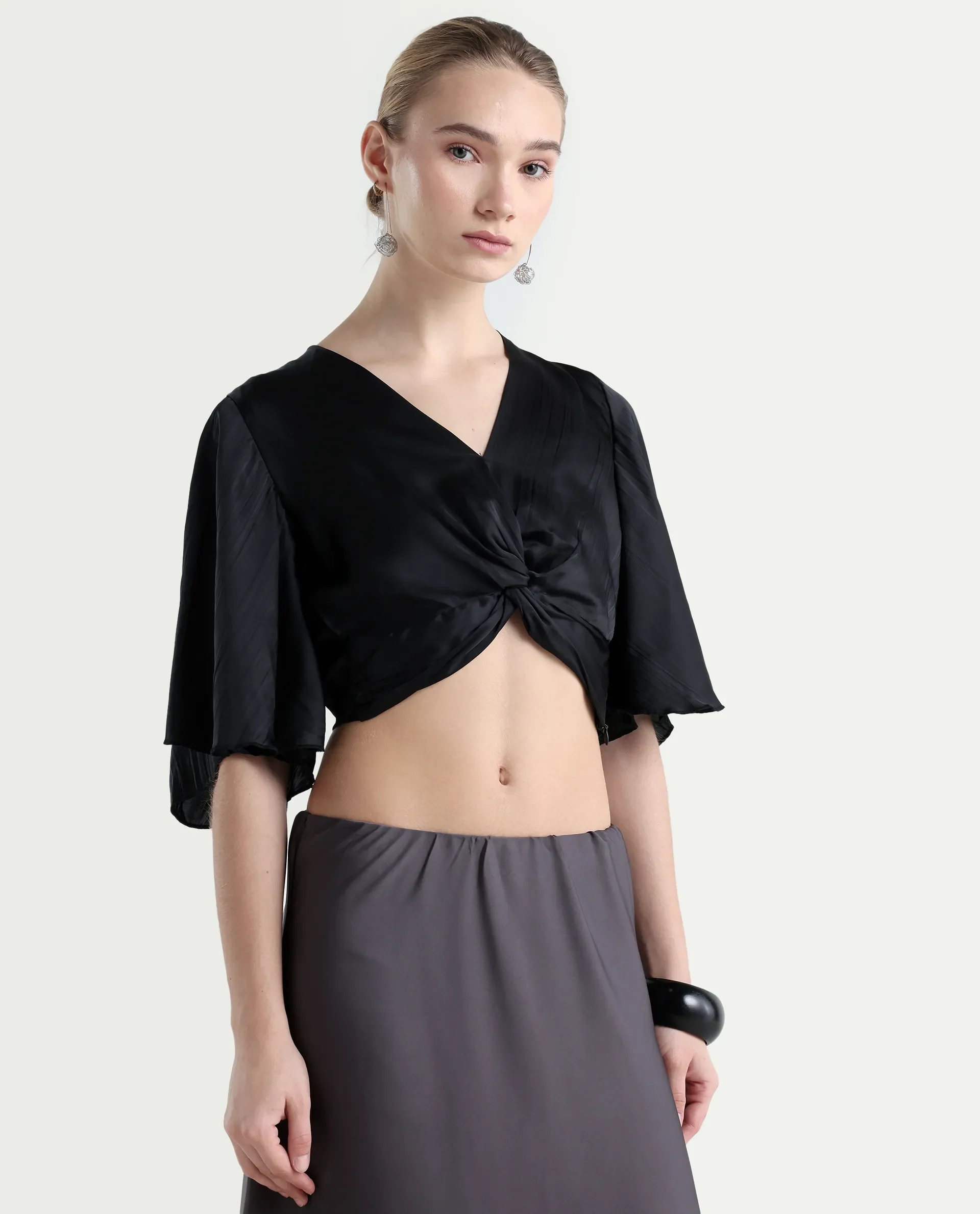 Rareism Women's Ainara Black Polyester V-Neck Plain Flared Sleeve Crop Regular Fit Top - Image 6