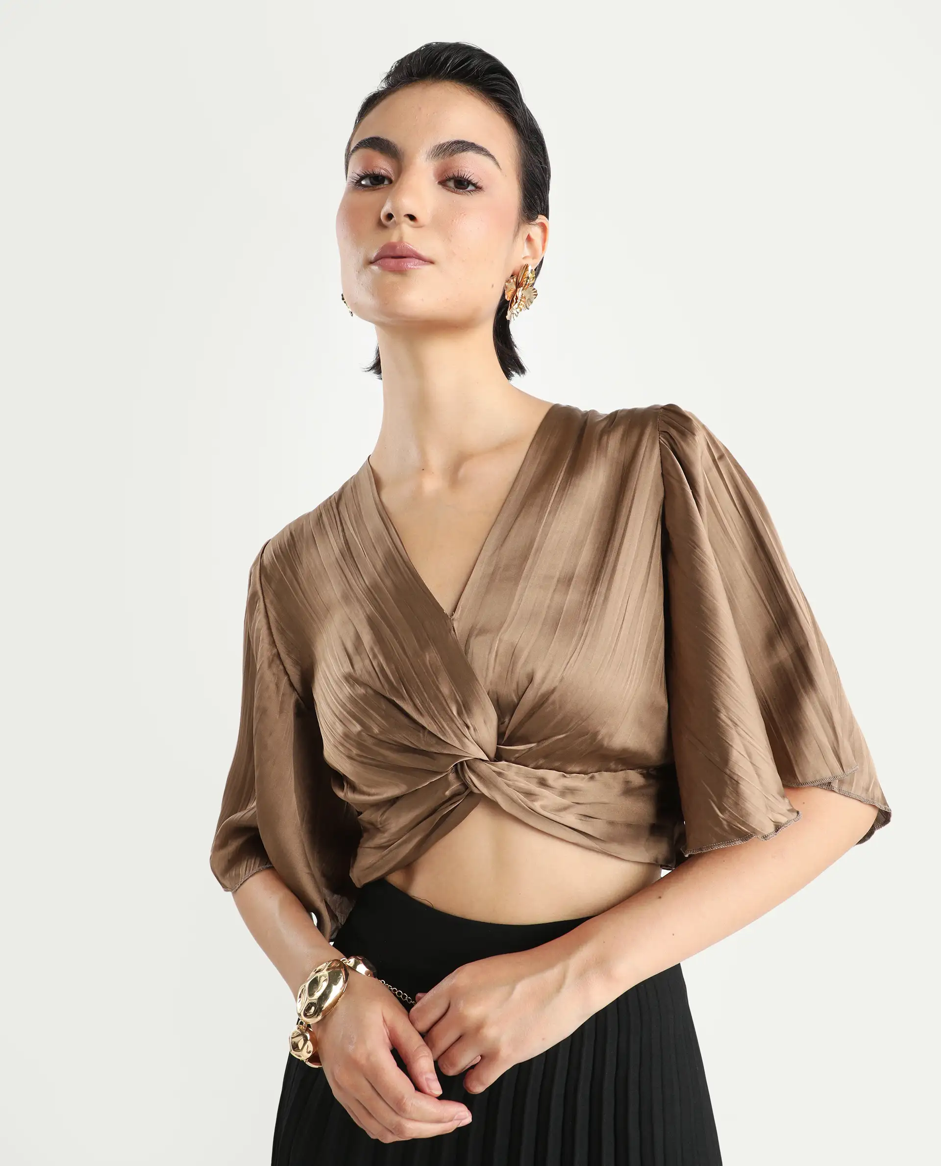 Rareism Women's Ainara Dark Beige Polyester V-Neck Plain Flared Sleeve Crop Regular Fit Top