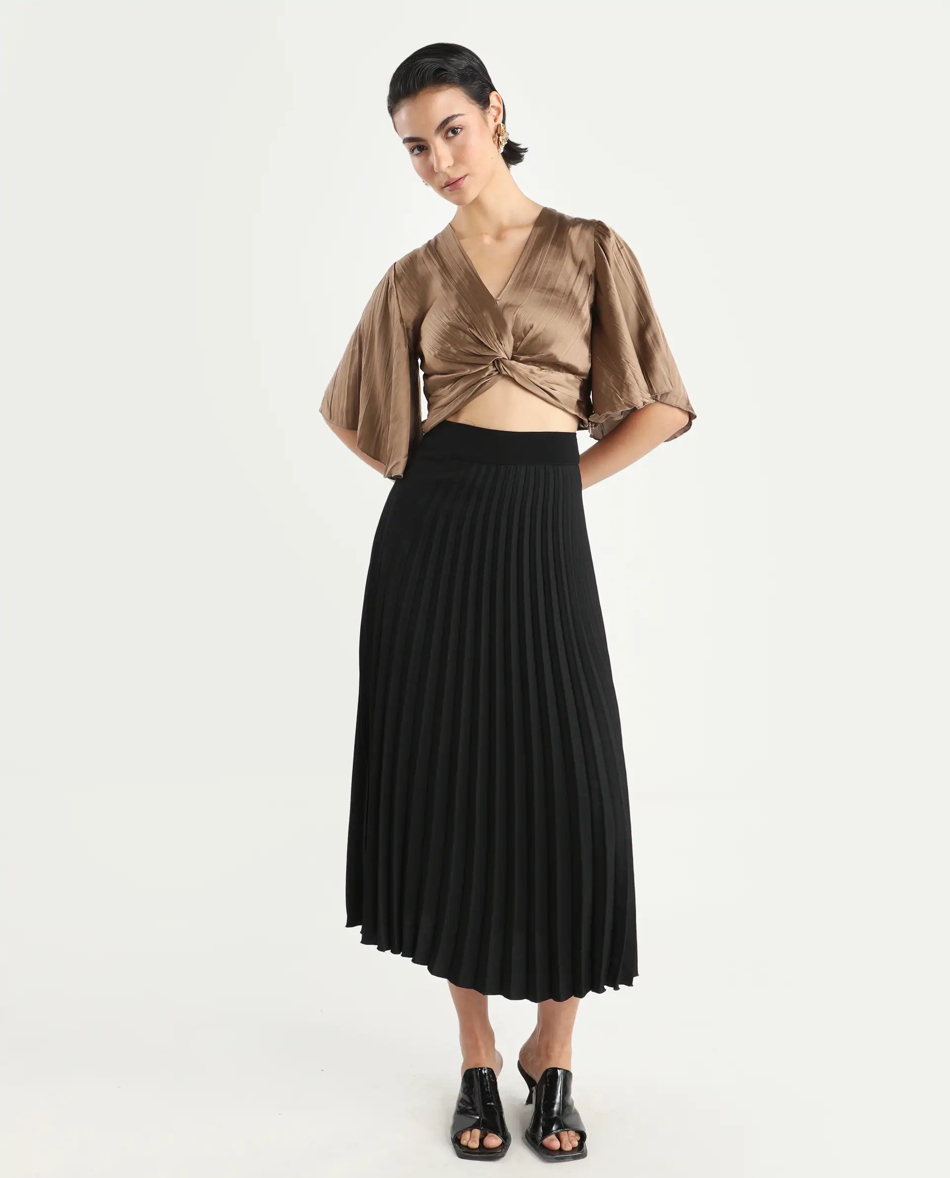 Rareism Women's Ainara Dark Beige Polyester V-Neck Plain Flared Sleeve Crop Regular Fit Top - Image 2