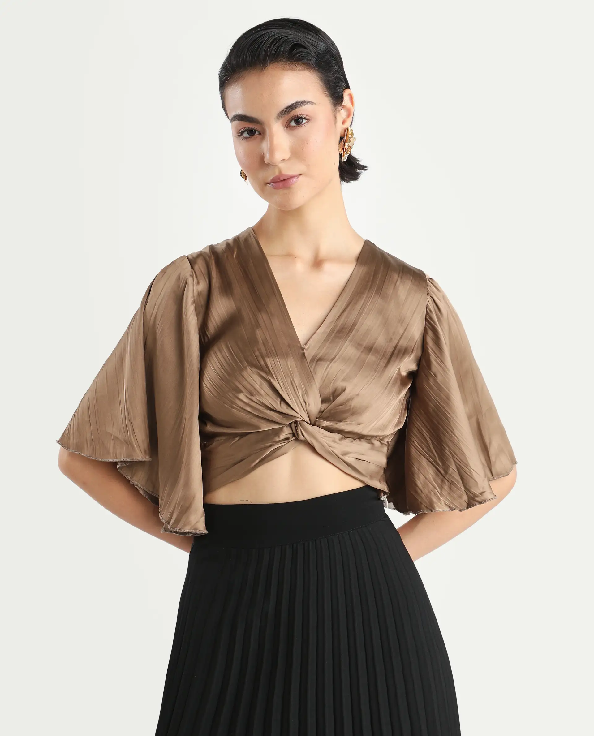 Rareism Women's Ainara Dark Beige Polyester V-Neck Plain Flared Sleeve Crop Regular Fit Top - Image 3
