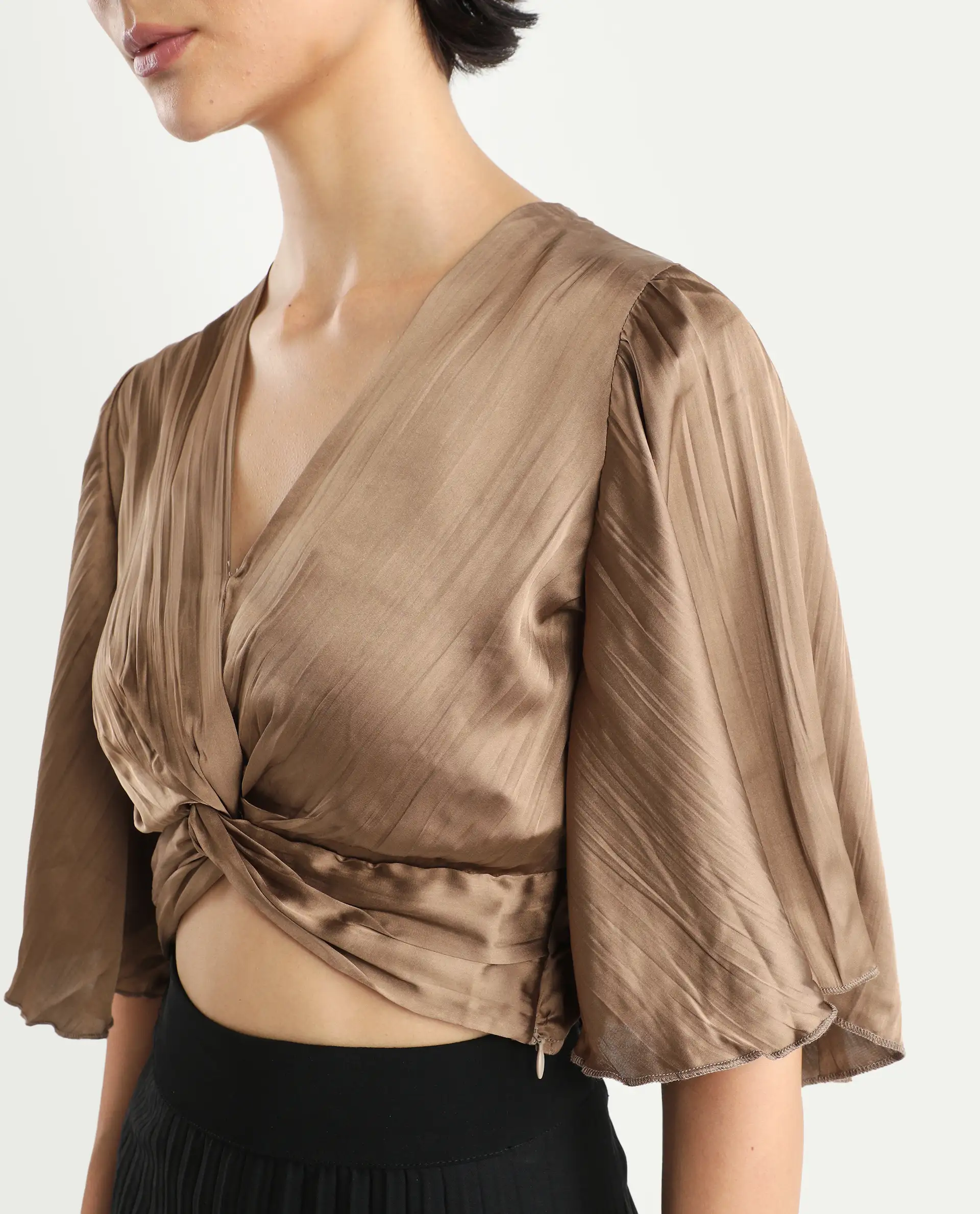 Rareism Women's Ainara Dark Beige Polyester V-Neck Plain Flared Sleeve Crop Regular Fit Top - Image 4