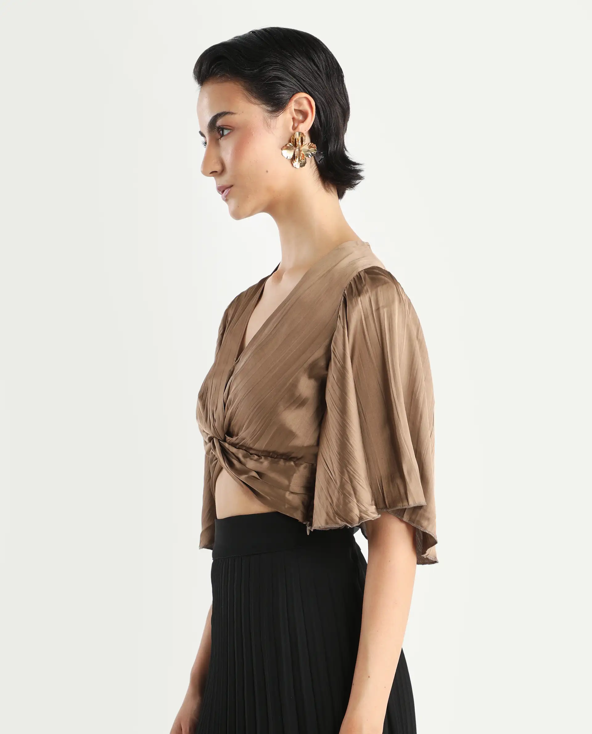 Rareism Women's Ainara Dark Beige Polyester V-Neck Plain Flared Sleeve Crop Regular Fit Top - Image 5