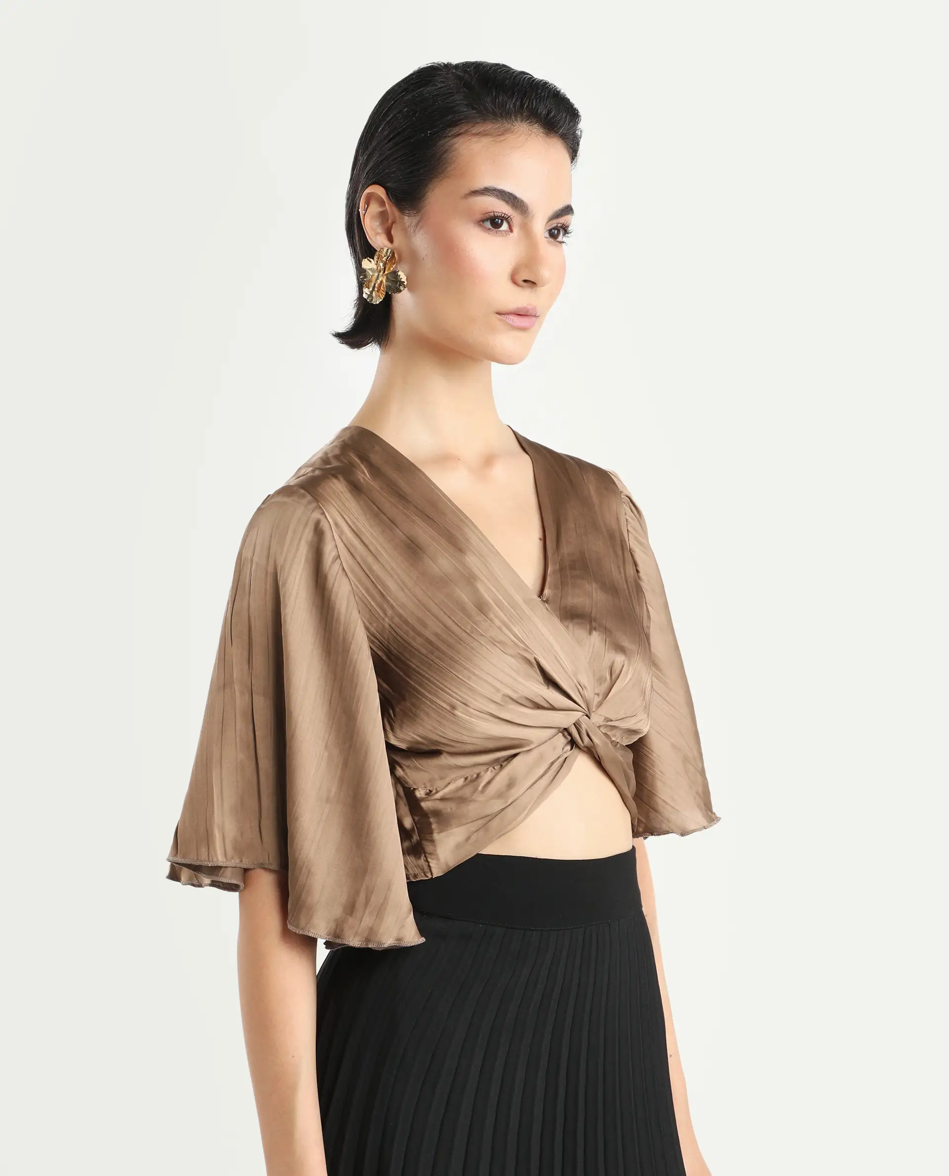 Rareism Women's Ainara Dark Beige Polyester V-Neck Plain Flared Sleeve Crop Regular Fit Top - Image 6