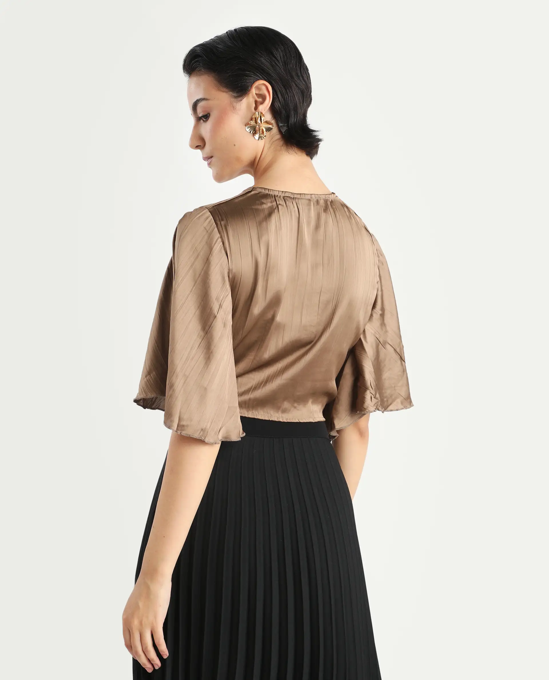 Rareism Women's Ainara Dark Beige Polyester V-Neck Plain Flared Sleeve Crop Regular Fit Top - Image 7