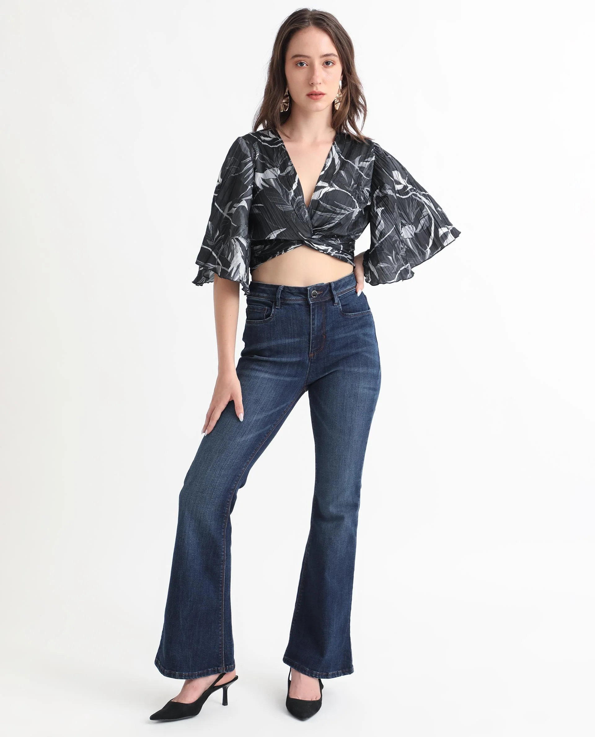 Rareism Women's Ainara Dark Black Polyester V-Neck Abstract Print Flared Sleeve Crop Regular Fit Top - Image 2