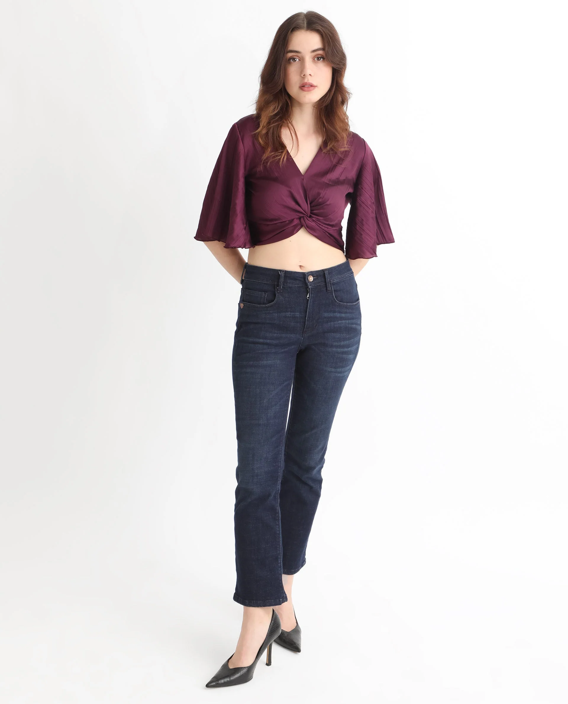 Rareism Women's Ainara Dark Purple Polyester V-Neck Plain Flared Sleeve Crop Regular Fit Top - Image 2