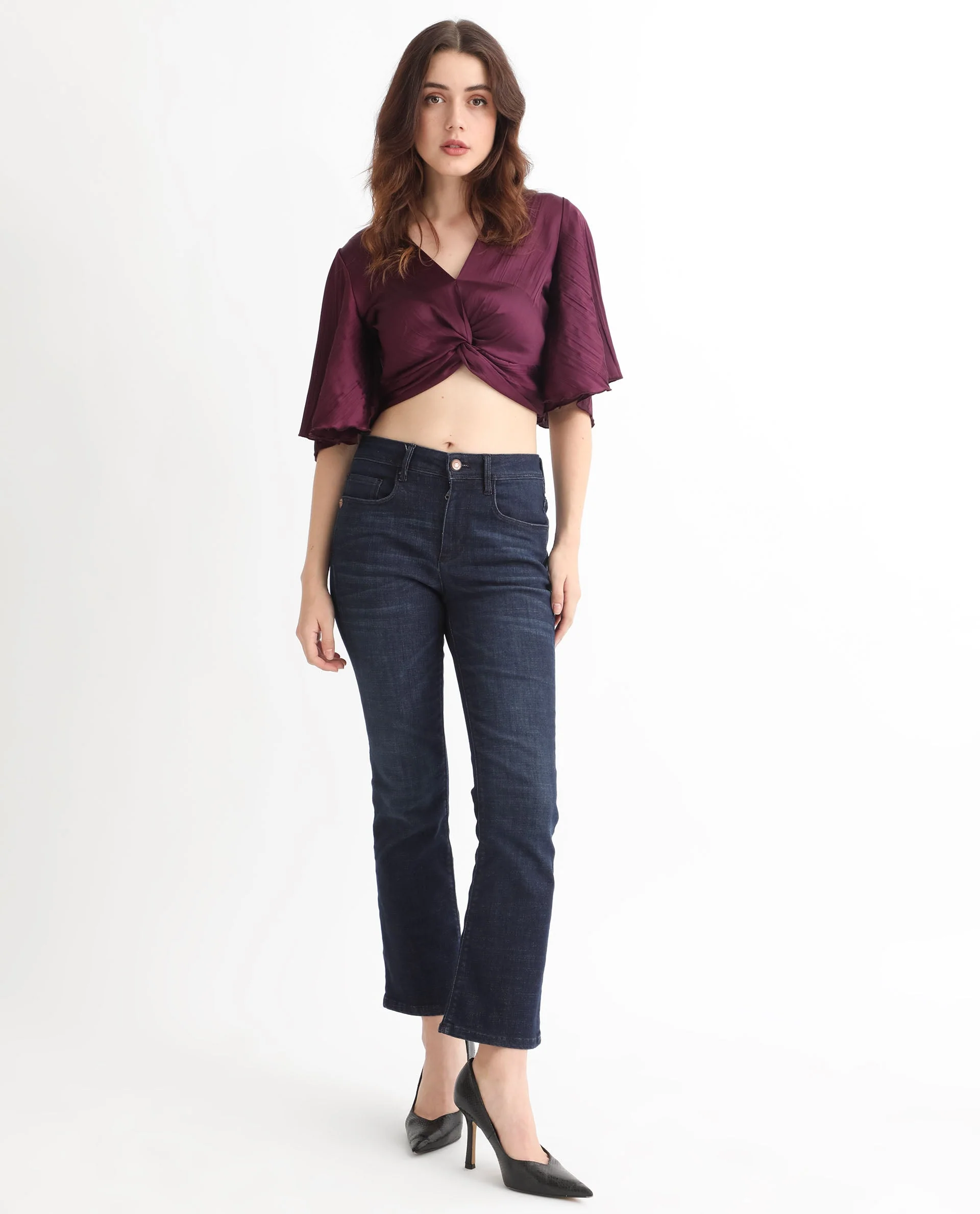 Rareism Women's Ainara Dark Purple Polyester V-Neck Plain Flared Sleeve Crop Regular Fit Top - Image 3