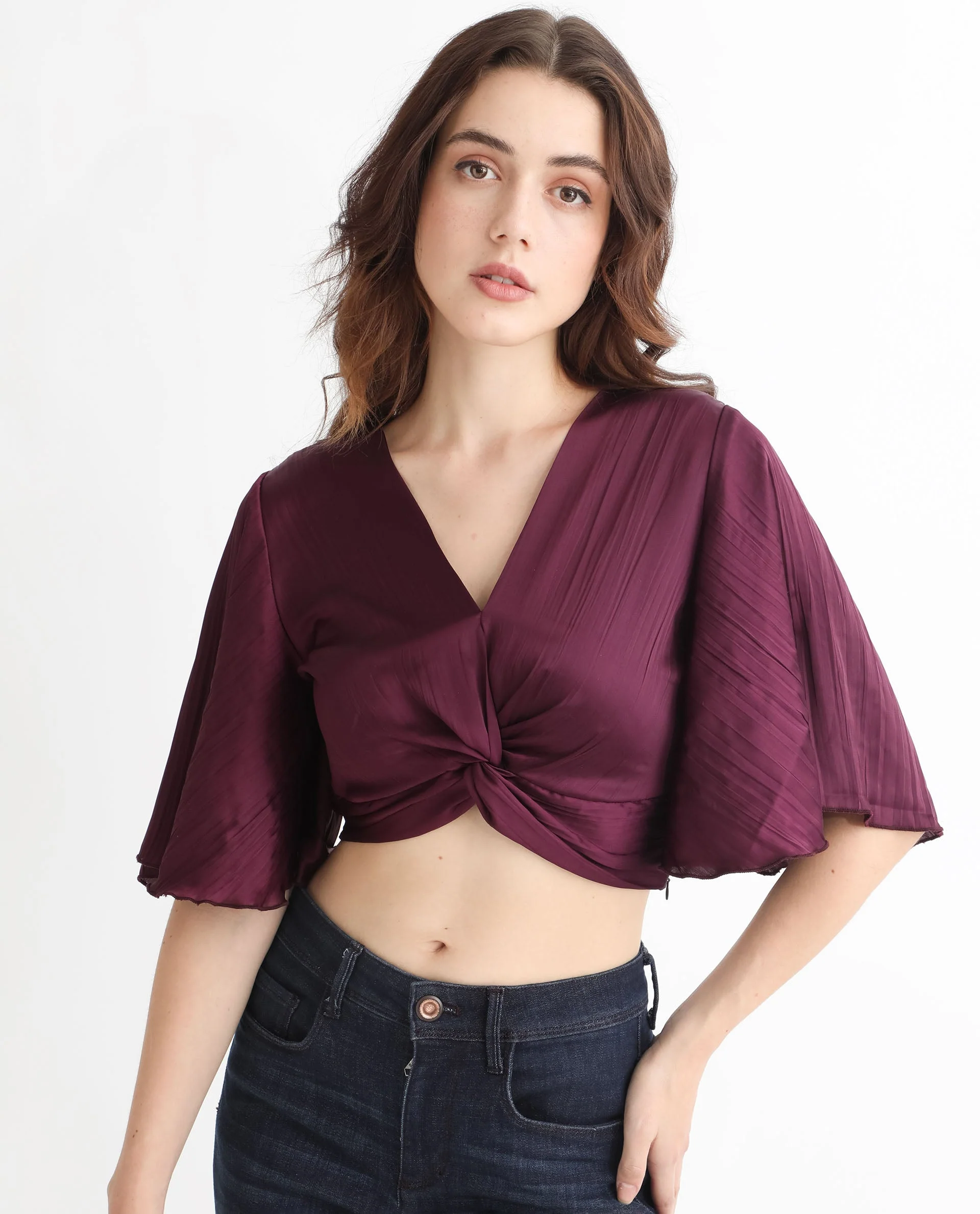 Rareism Women's Ainara Dark Purple Polyester V-Neck Plain Flared Sleeve Crop Regular Fit Top - Image 4
