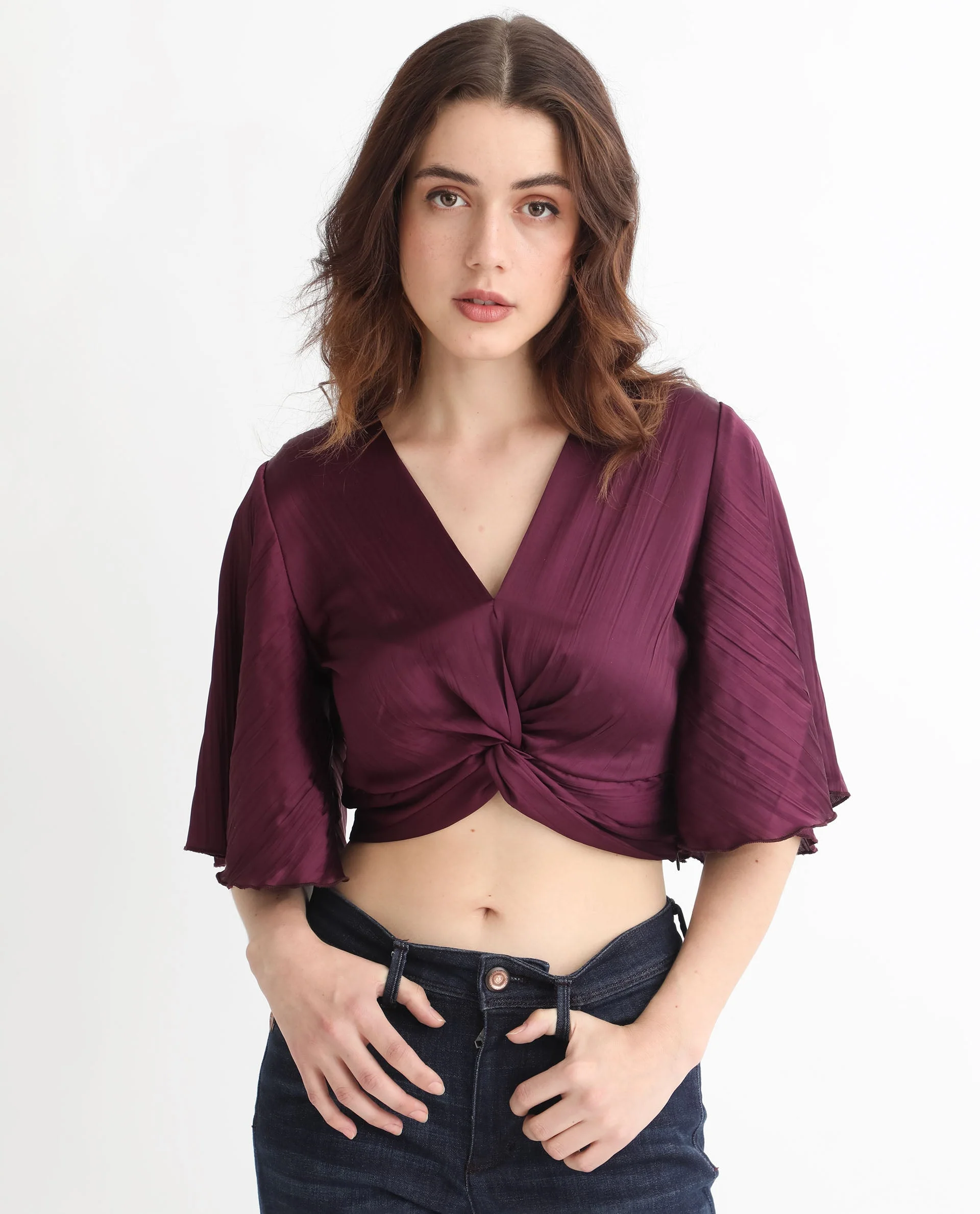 Rareism Women's Ainara Dark Purple Polyester V-Neck Plain Flared Sleeve Crop Regular Fit Top - Image 5