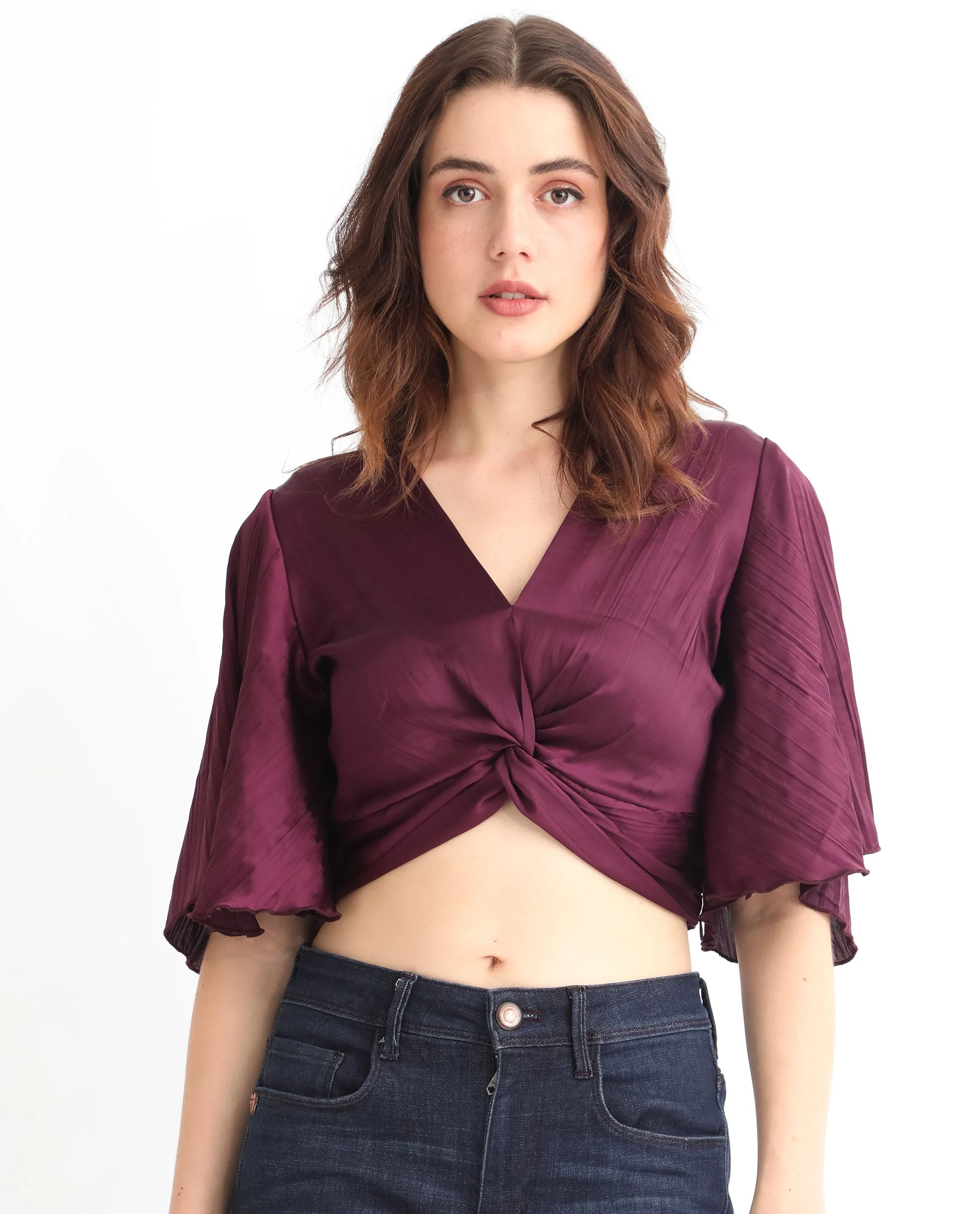 Rareism Women's Ainara Dark Purple Polyester V-Neck Plain Flared Sleeve Crop Regular Fit Top - Image 6