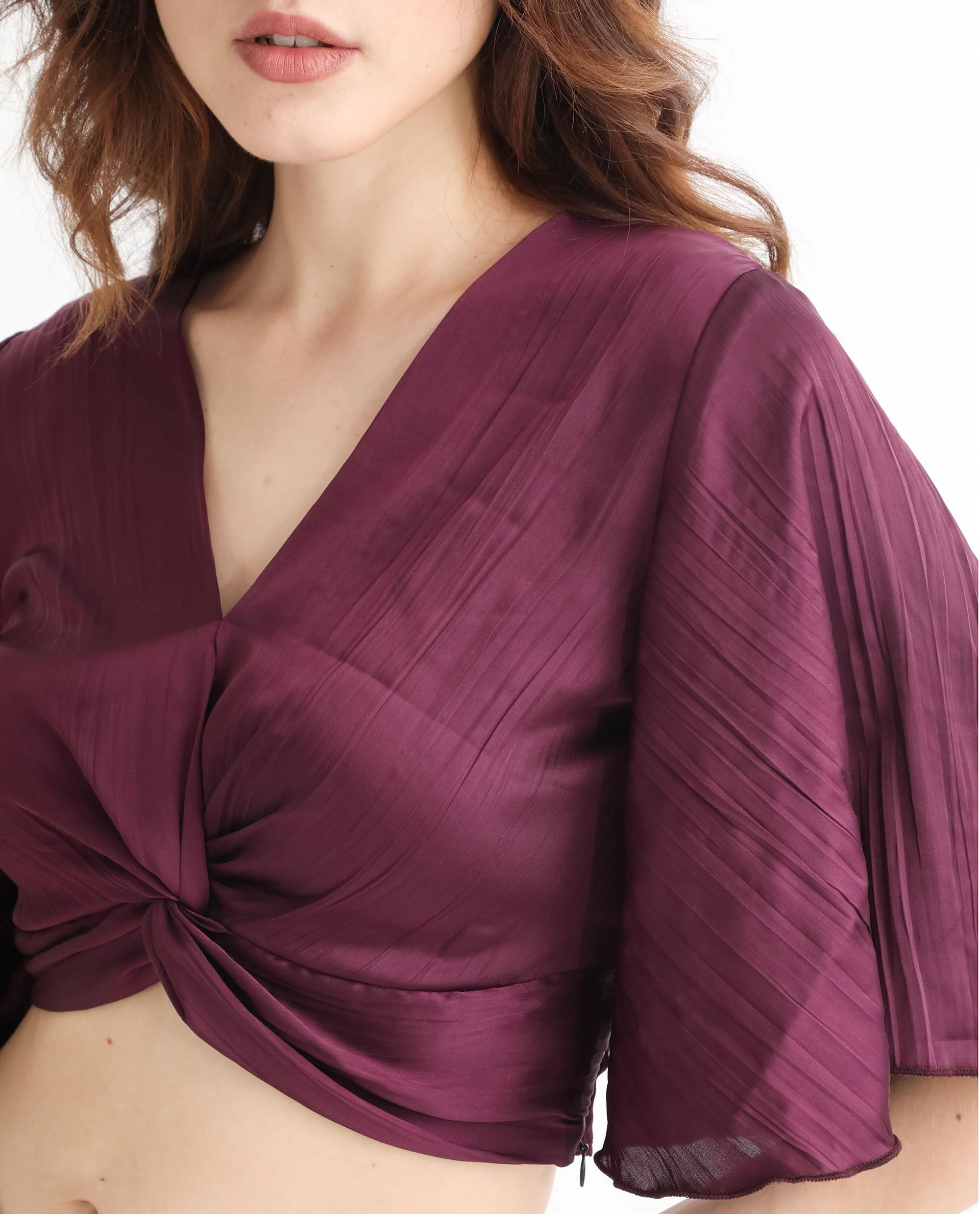 Rareism Women's Ainara Dark Purple Polyester V-Neck Plain Flared Sleeve Crop Regular Fit Top - Image 7